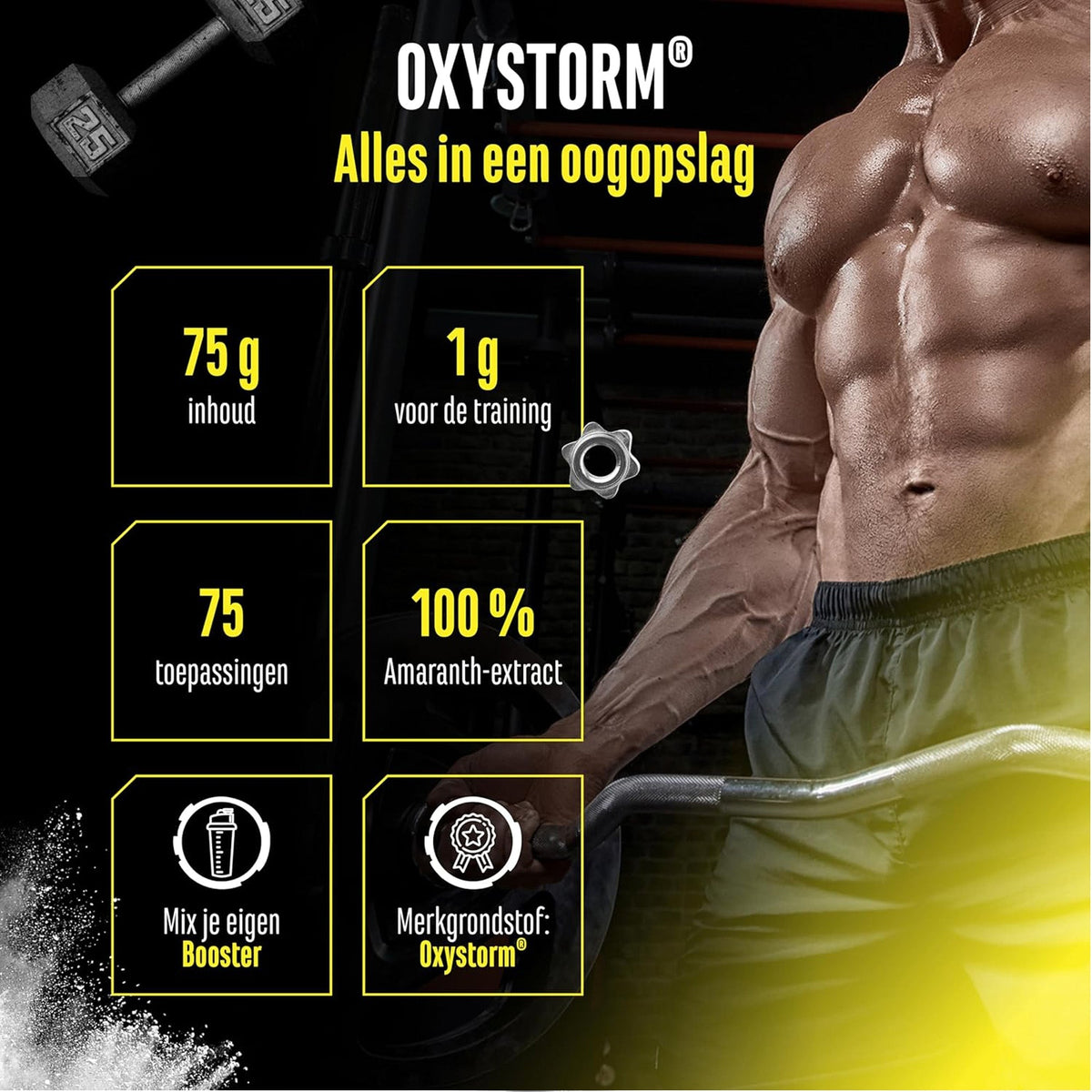Aperçu d'Oxystorm® Nitrate Powder : 75 g de contenu, 1 g par dose, 75 utilisations et 100 % d'extrait d'Amaranthus.