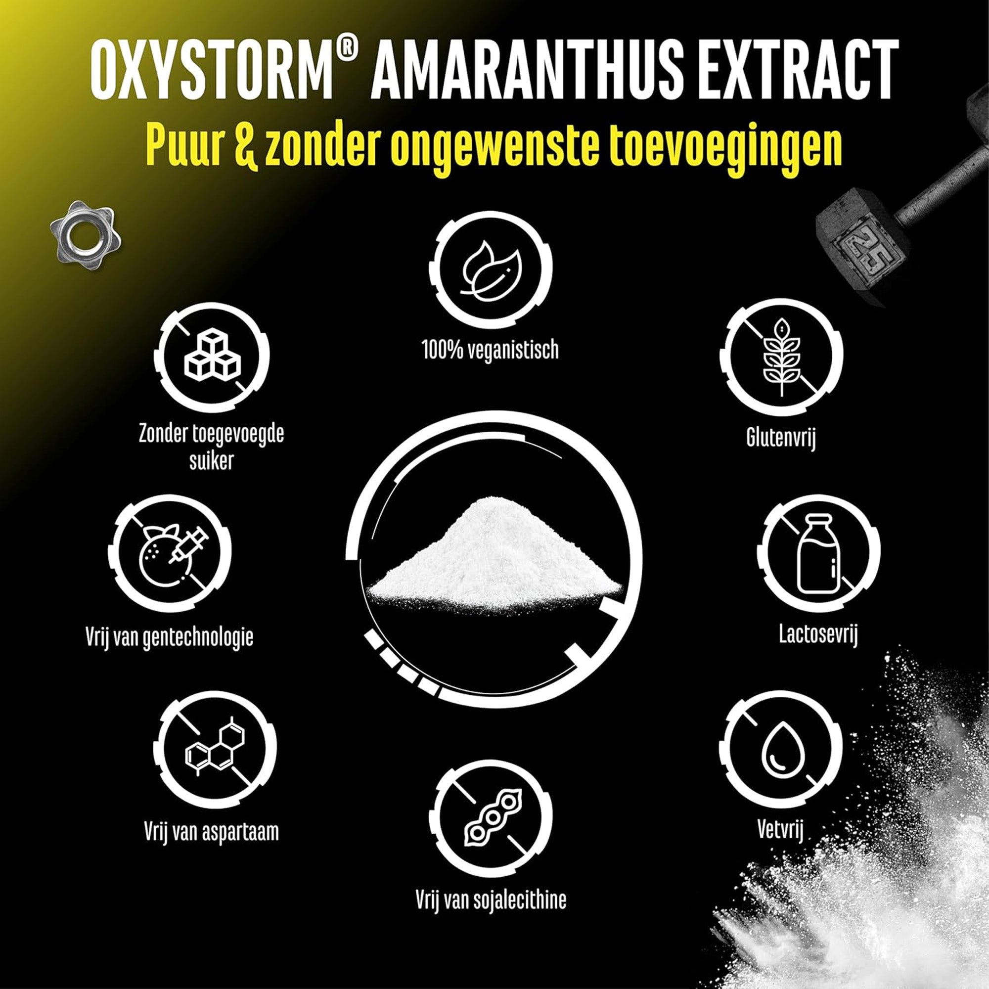 Poudre d'extrait d'Amaranthus Oxystorm® et pictogrammes végan, sans gluten, sans lactose, sans matières grasses et sans OGM.