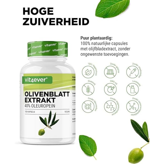 Vit4ever Extrait de feuille d'olivier 650mg (40% oleuropéine) - complément à base de plantes sans additifs inutiles