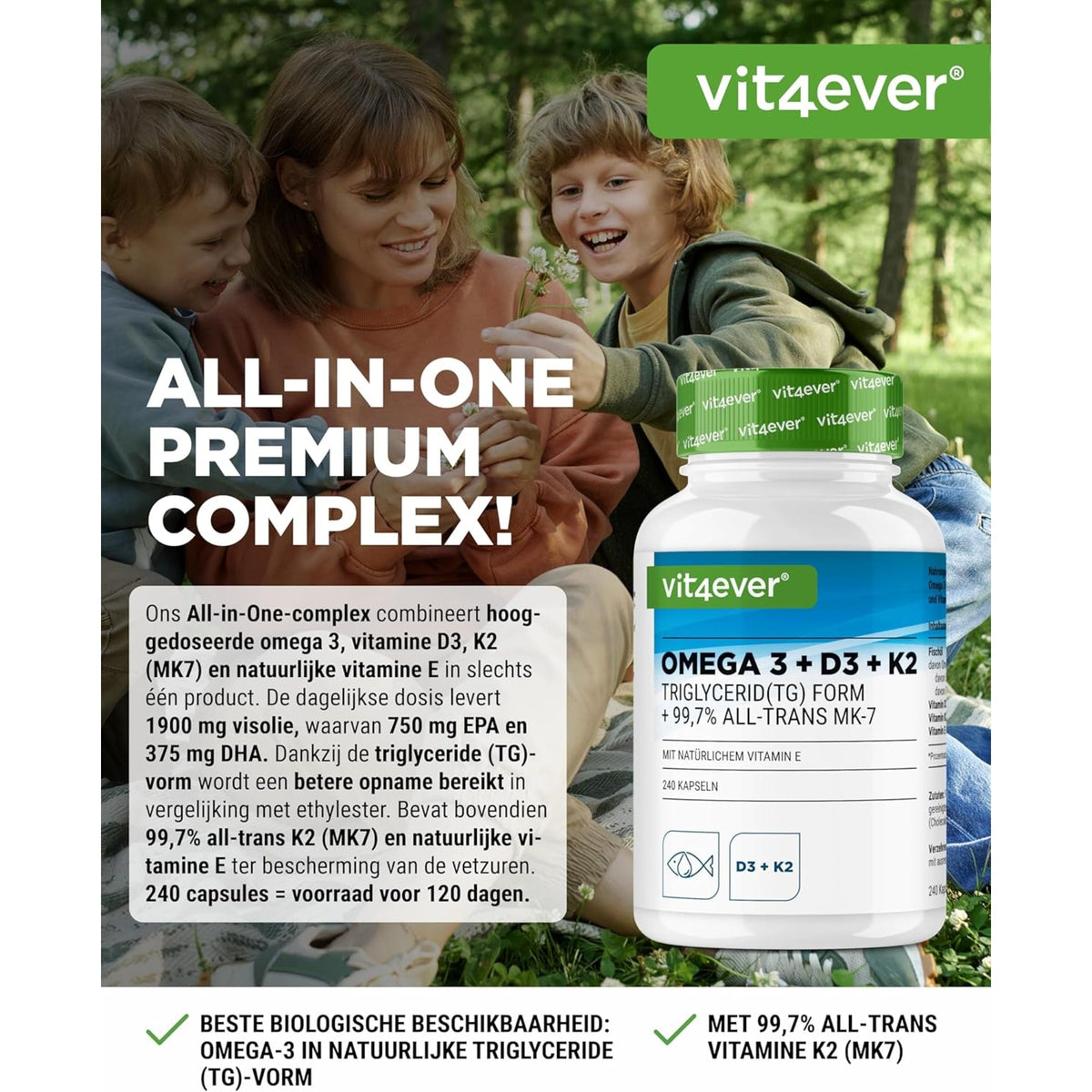 Vit4ever Complexe Oméga 3 + D3 + K2 - complément alimentaire sans ajouts inutiles