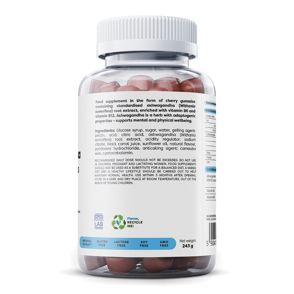 Dos de l'emballage Osavi Ashwagandha Gummies - ingrédients et valeurs nutritionnelles, goût cerise avec vitamine B6 et B12