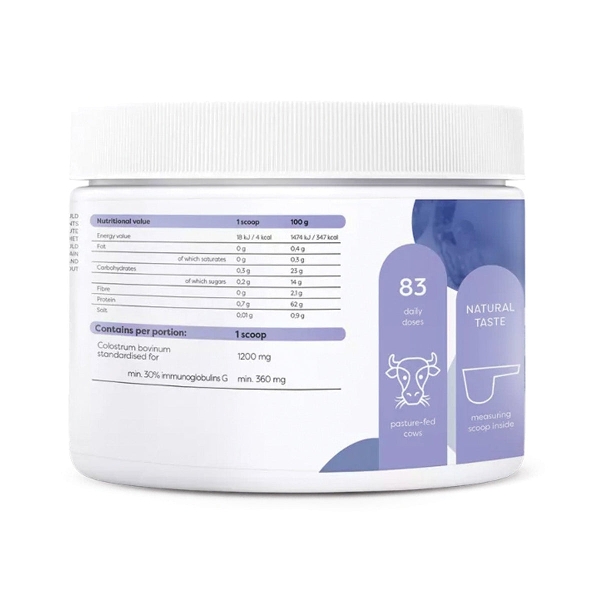 Valeurs nutritionnelles Osavi Colostrum Poudre - colostrum bovinum à 30% d'immunoglobulines G, 83 doses
