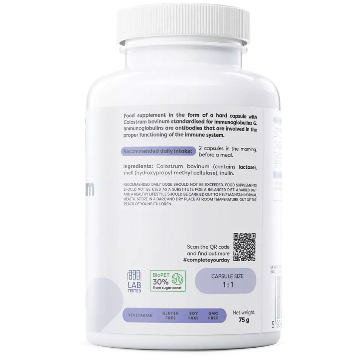 Dos de l'emballage Osavi Colostrum 1000mg - ingrédients et utilisation, colostrum bovinum avec immunoglobulines G