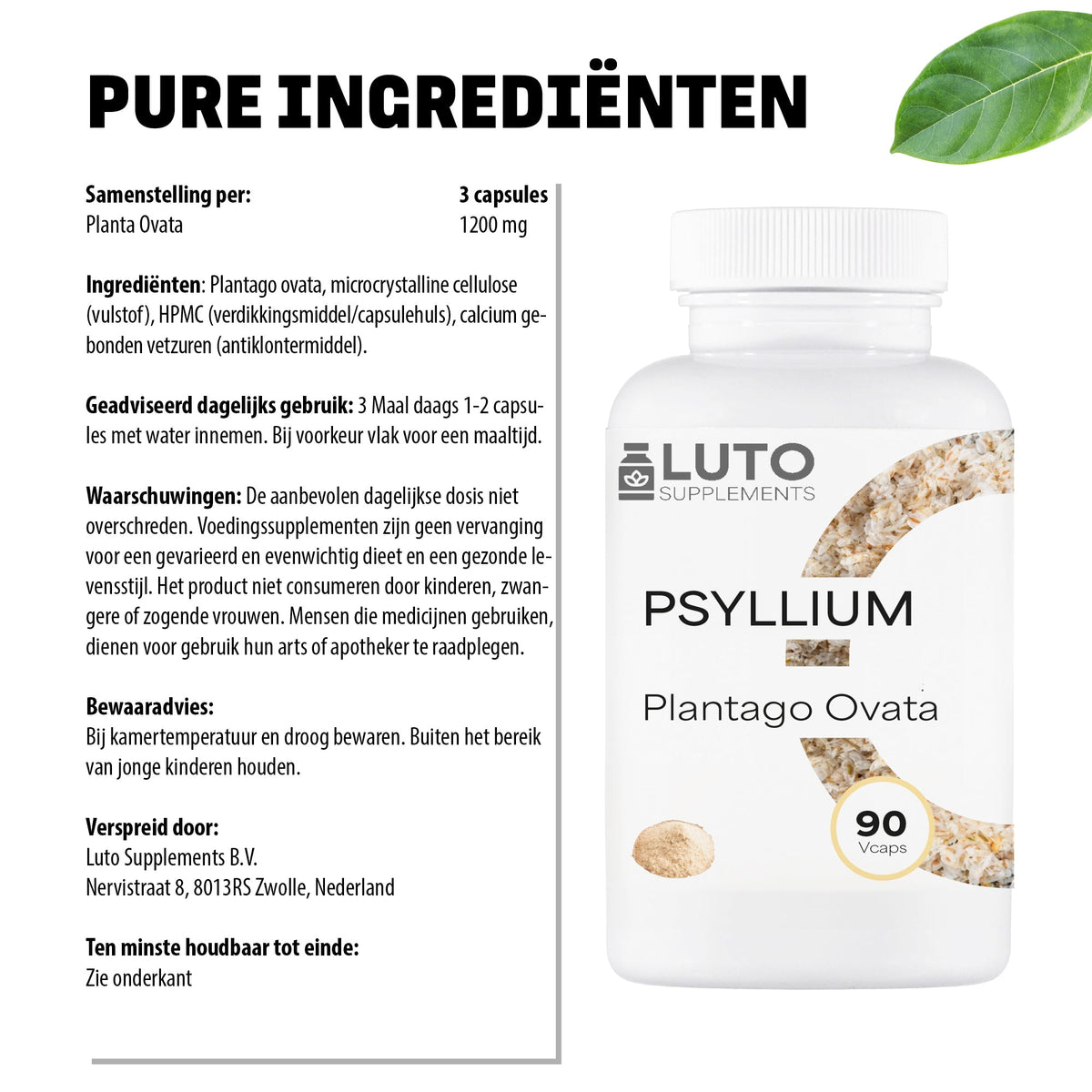 Composition des gélules LUTO Psyllium - 1200 mg de Plantago ovata avec conseil d'utilisation quotidien