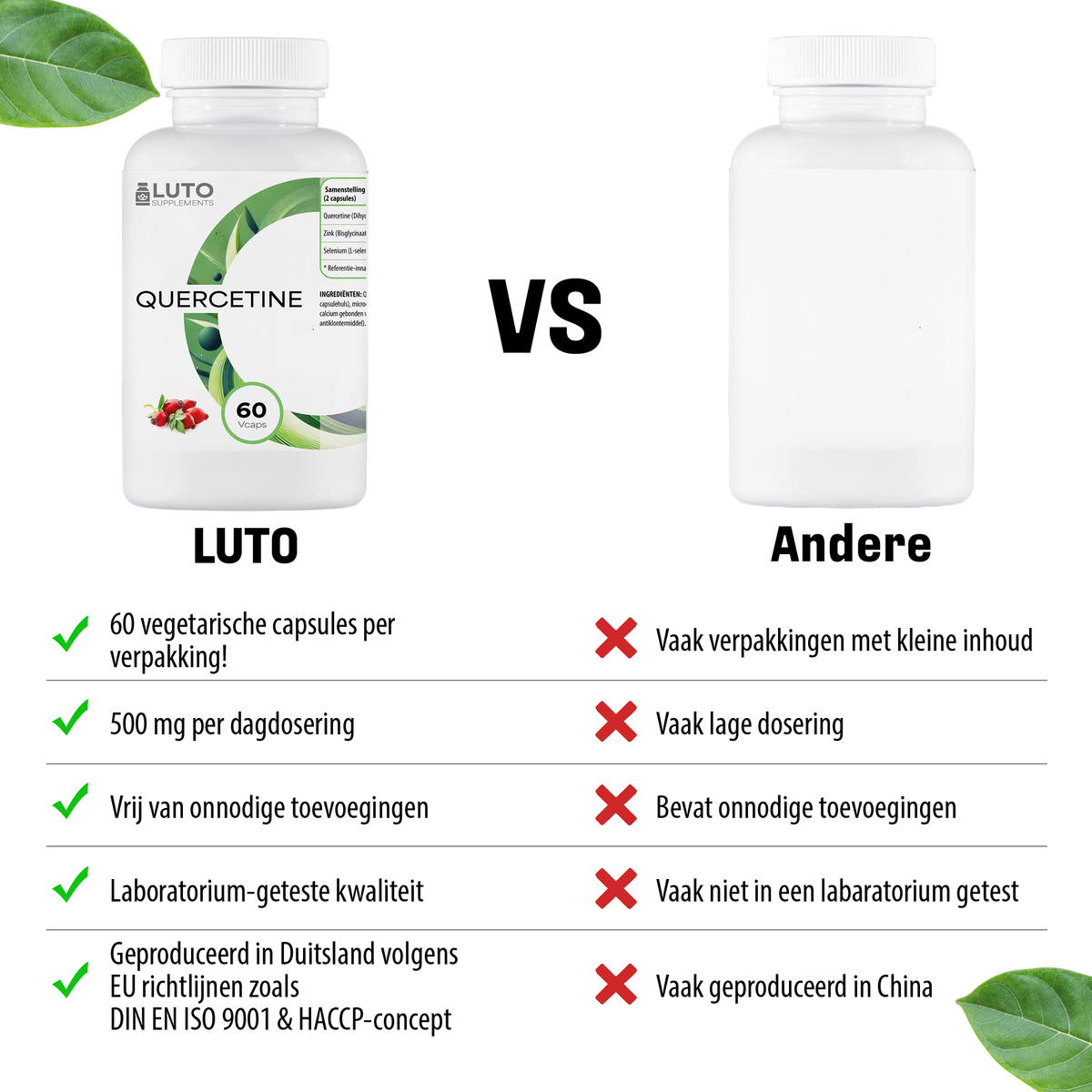 LUTO Quercétine avec zinc et sélénium comparaison - 500mg par gélule, vegan, sans gluten, testé en laboratoire