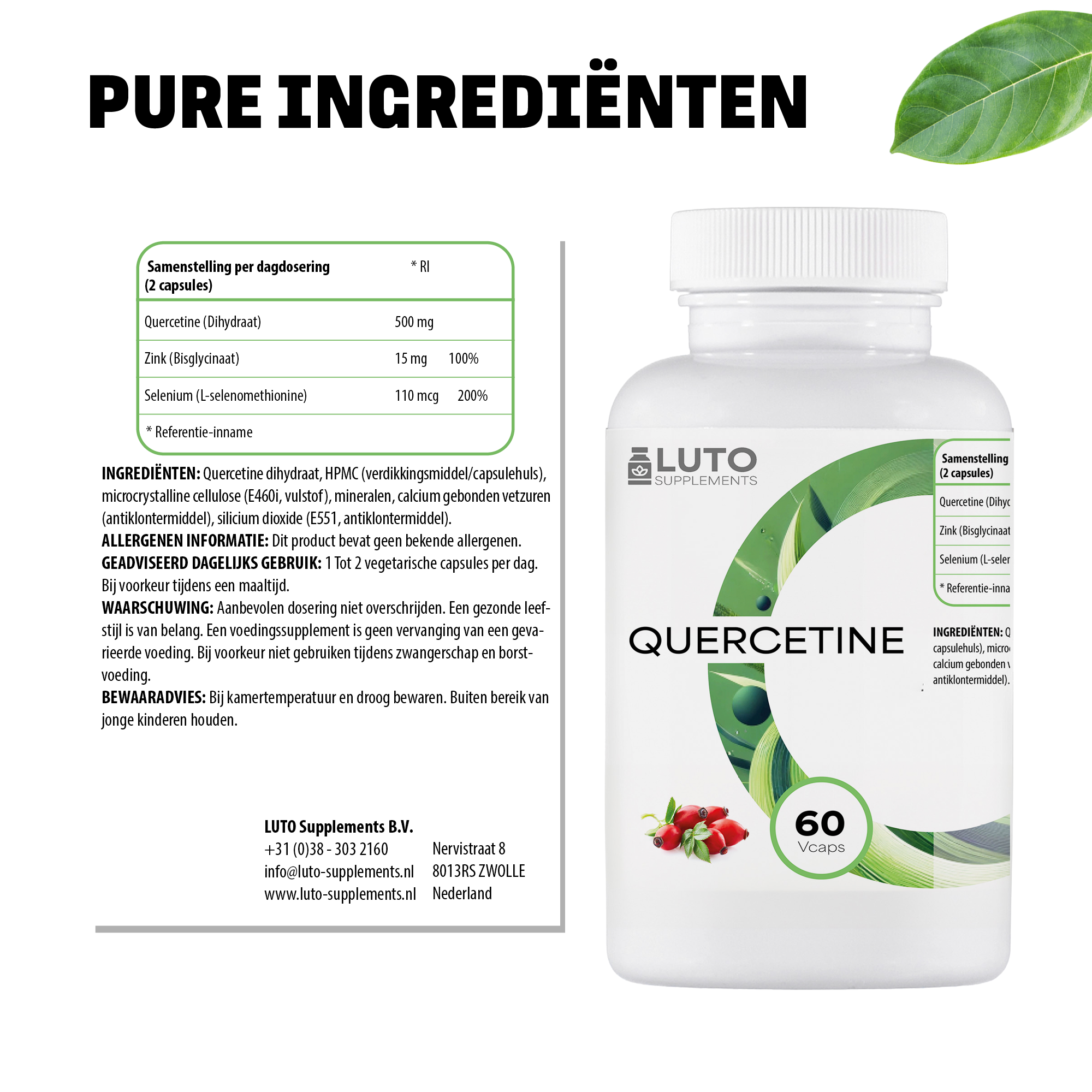 Ingrédients purs Quercétine LUTO Supplements - 500mg de quercétine, 10mg de zinc et 55mcg de sélénium par gélule