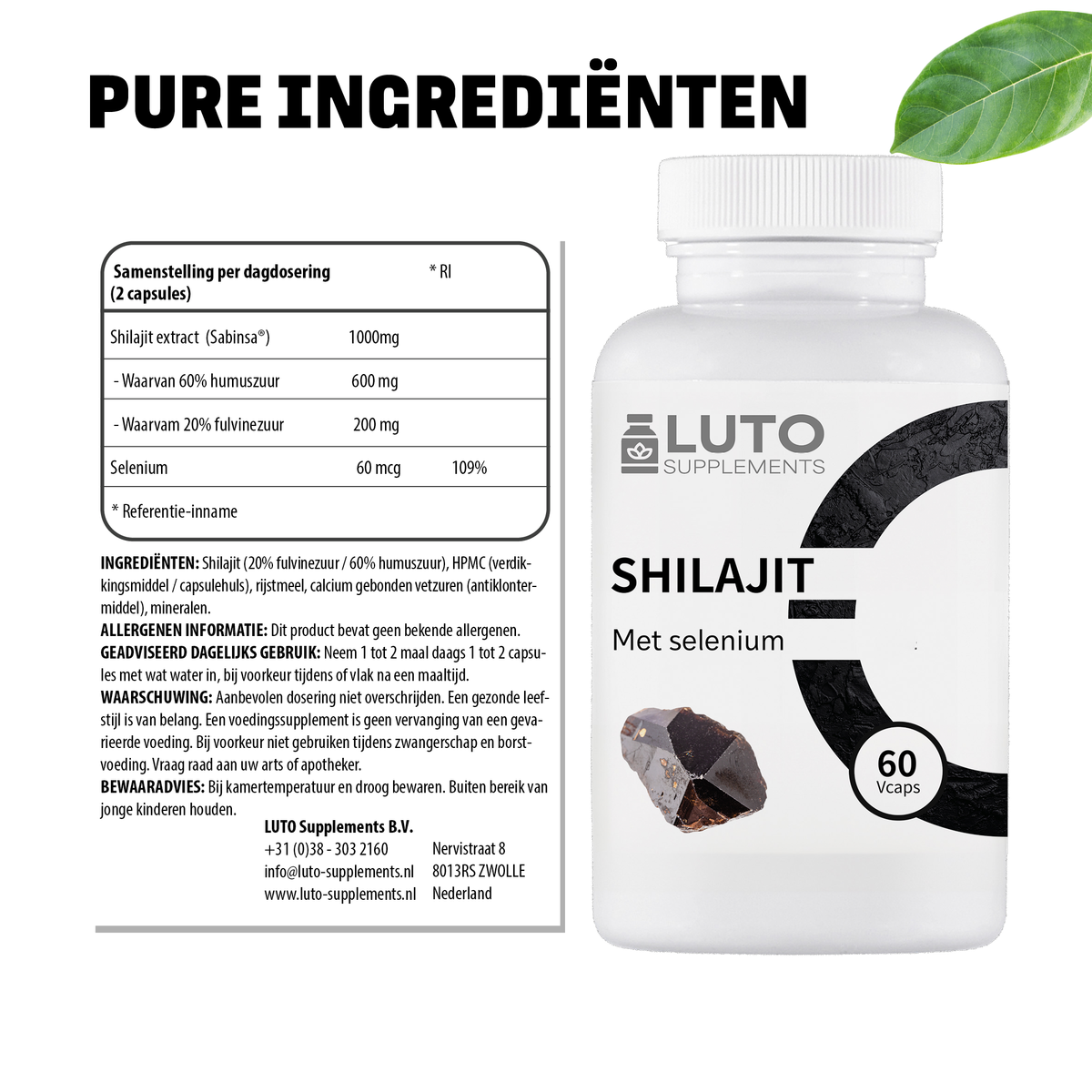 Composition LUTO Shilajit gélules - 60 % d'acide humique 20 % d'acide fulvique et sélénium par dose