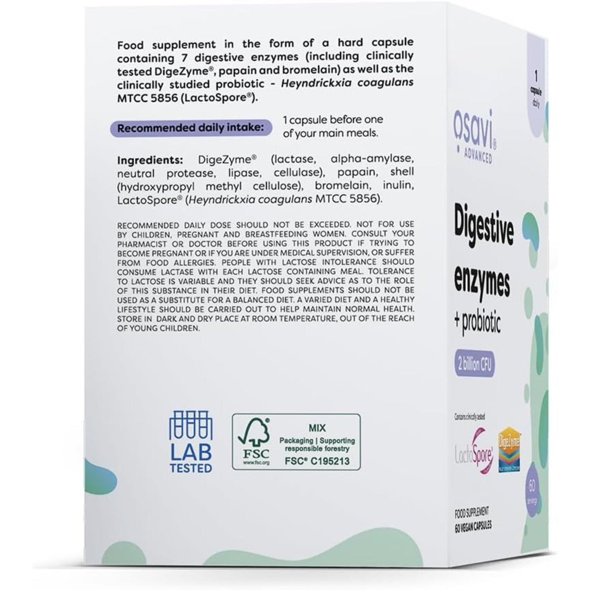 Dos de l'emballage Osavi Enzymes digestives Probiotique - enzymes DigeZyme, papaïne, bromélaïne et probiotiques