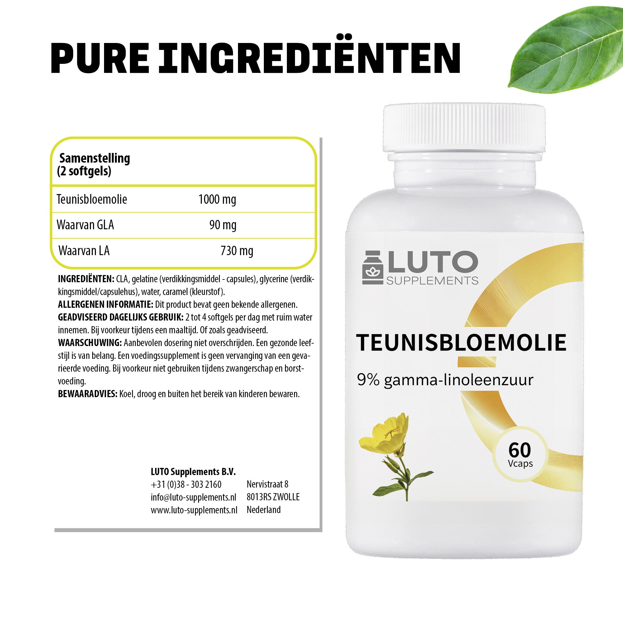 Ingrédients purs Huile d'onagre LUTO - 1000mg d'huile d'onagre avec 9% d'acide gamma-linolénique par dose journalière