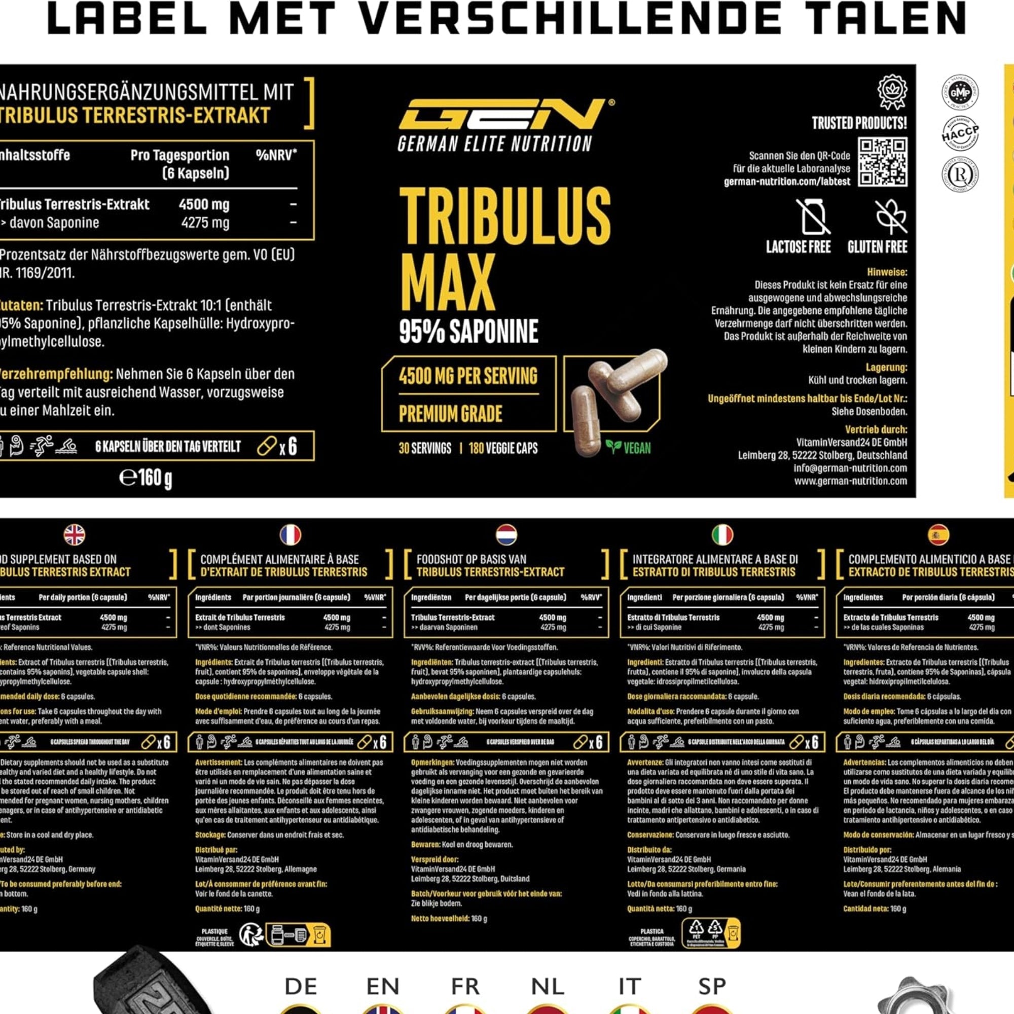 Étiquette multilingue Tribulus Terrestris max