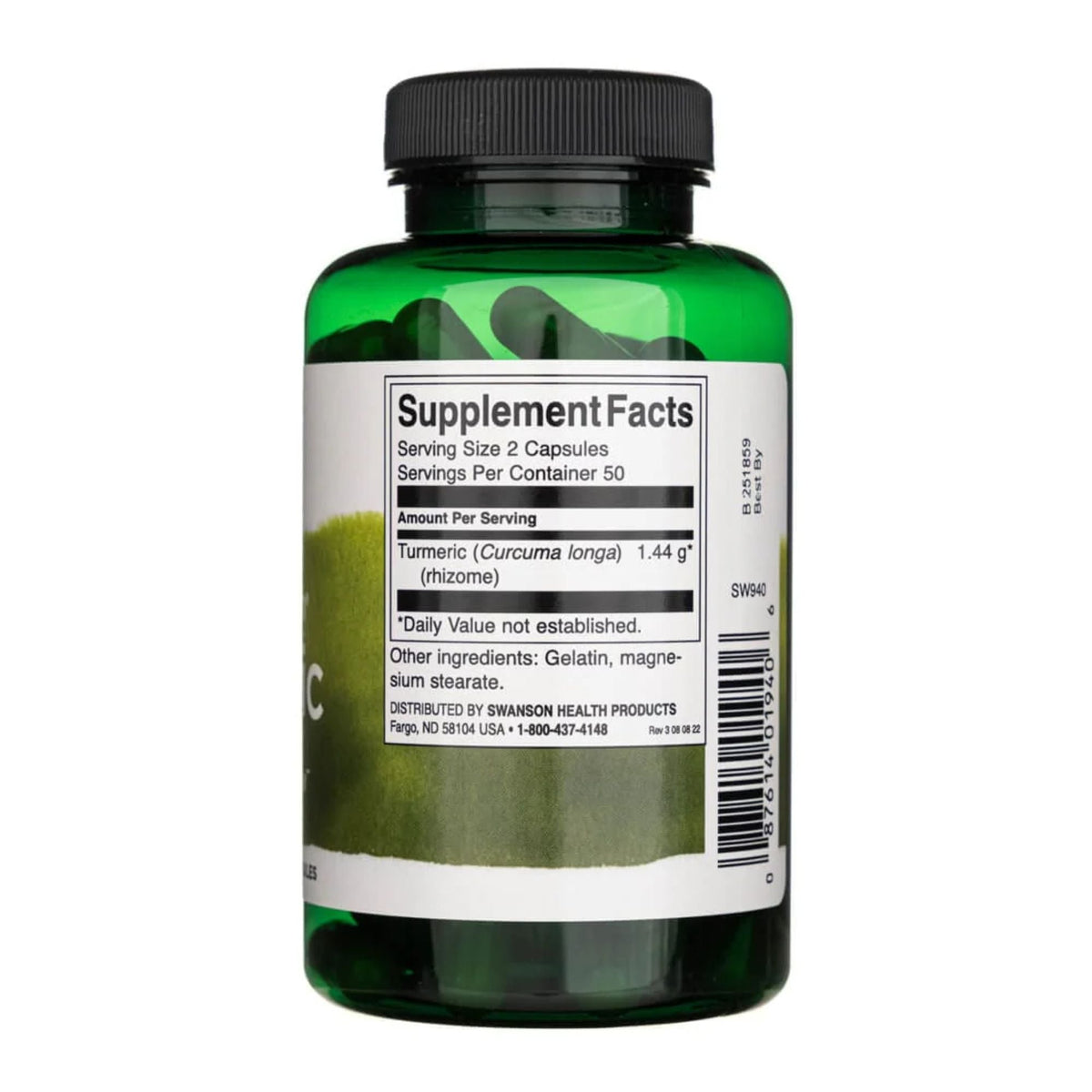 Valeurs nutritionnelles et ingrédients Swanson Curcuma Spectre Complet (Curcuma longa) 720 mg - étiquette avec supplement facts