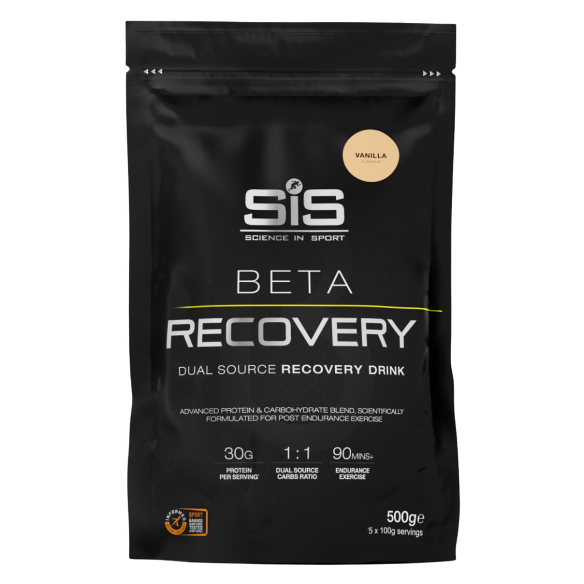 SiS BETA Recovery Vanille 500g poudre shake de récupération avec protéine de lactosérum et glucides pour sportifs d'endurance #Contenance_500g