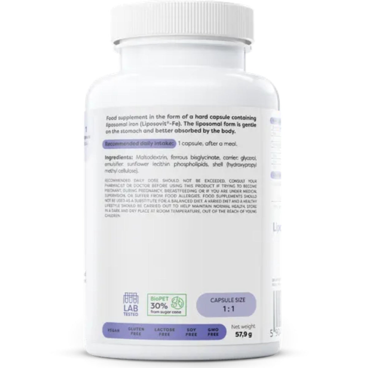 Dos de l'étiquette Osavi Fer Liposomal - ingrédients avec ferrobisglycinate sous forme liposomale