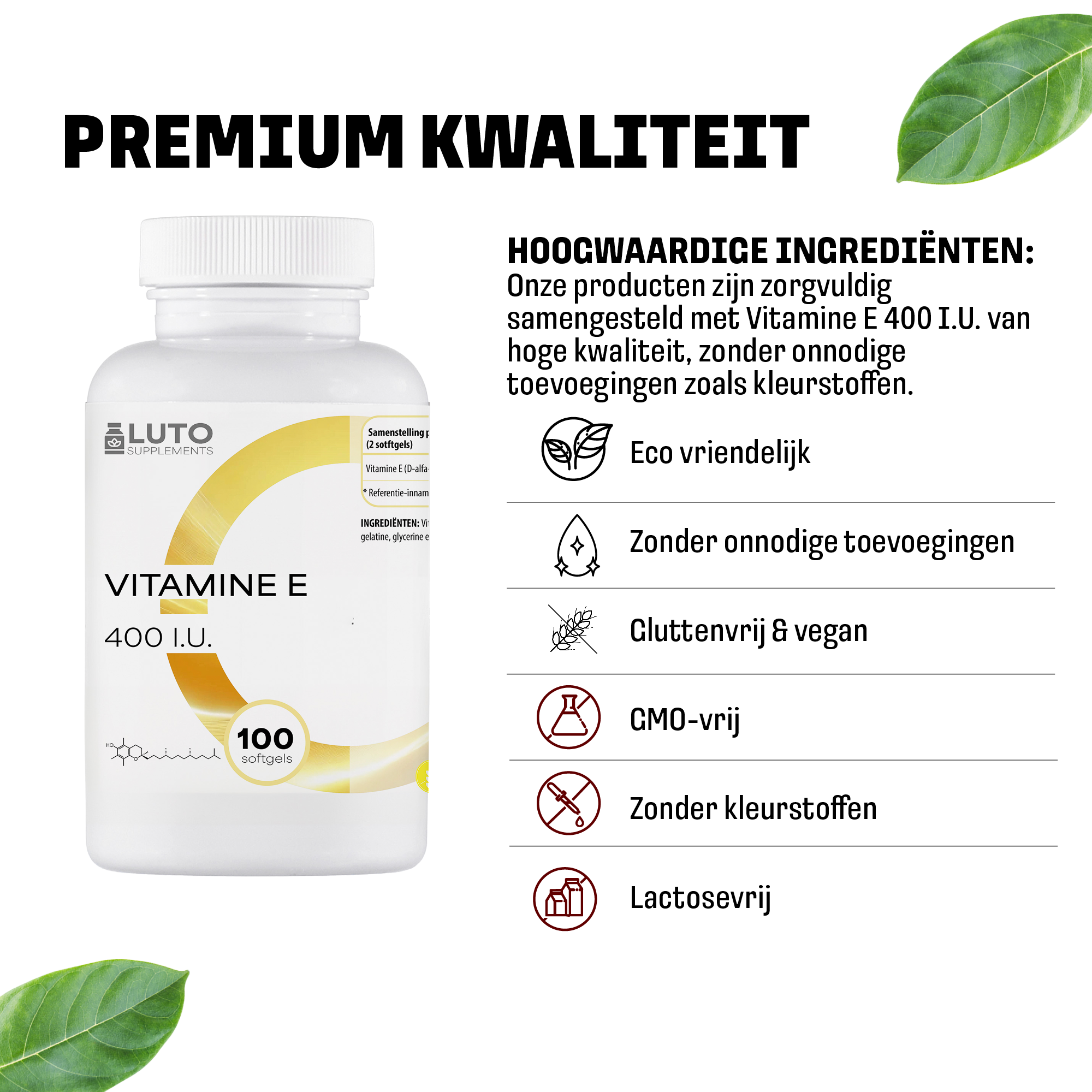Qualité premium capsules molles LUTO Vitamine E, ingrédients naturels, sans colorants artificiels
