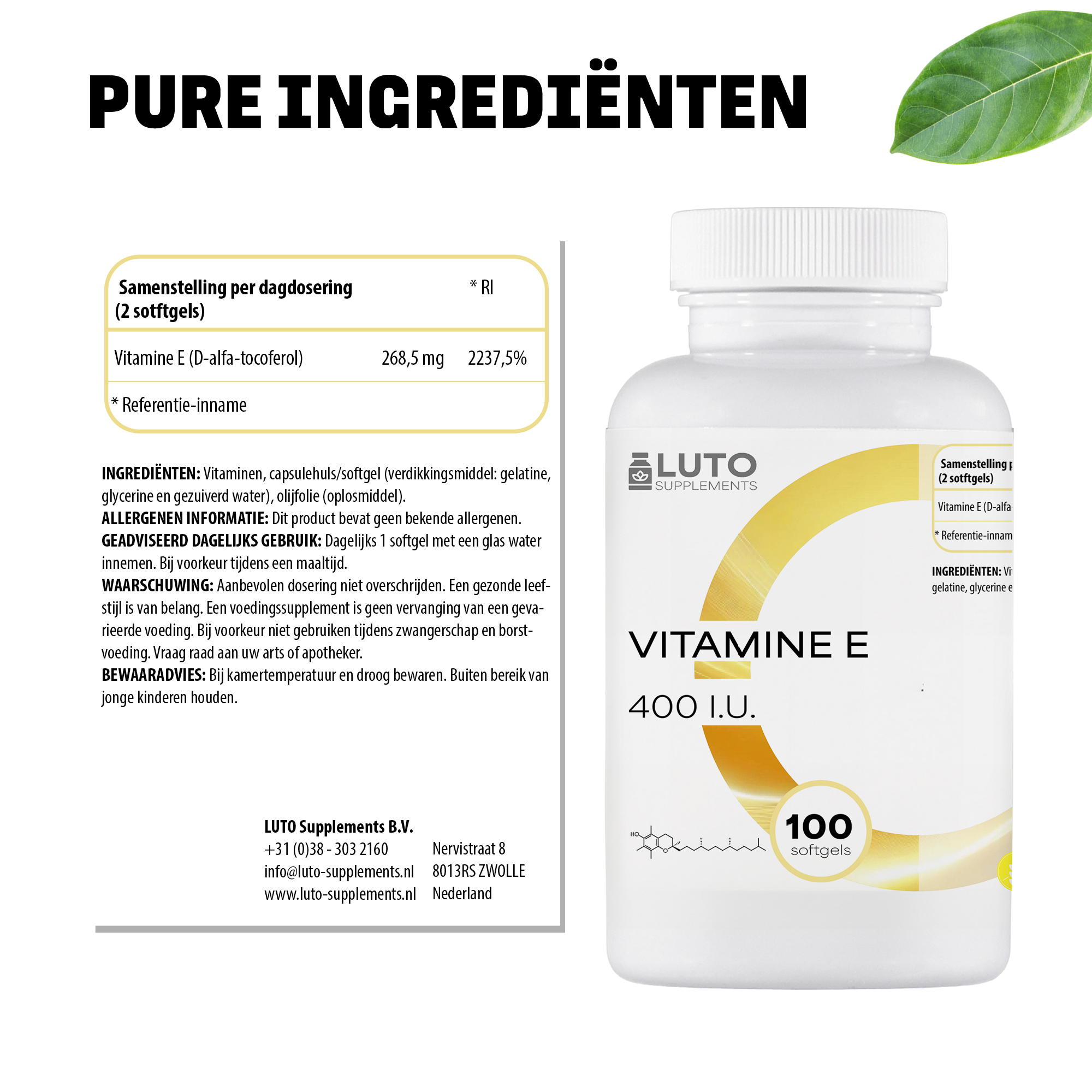 Ingrédients purs Vitamine E LUTO Supplements, 400 U.I. de vitamine E naturelle par capsule molle