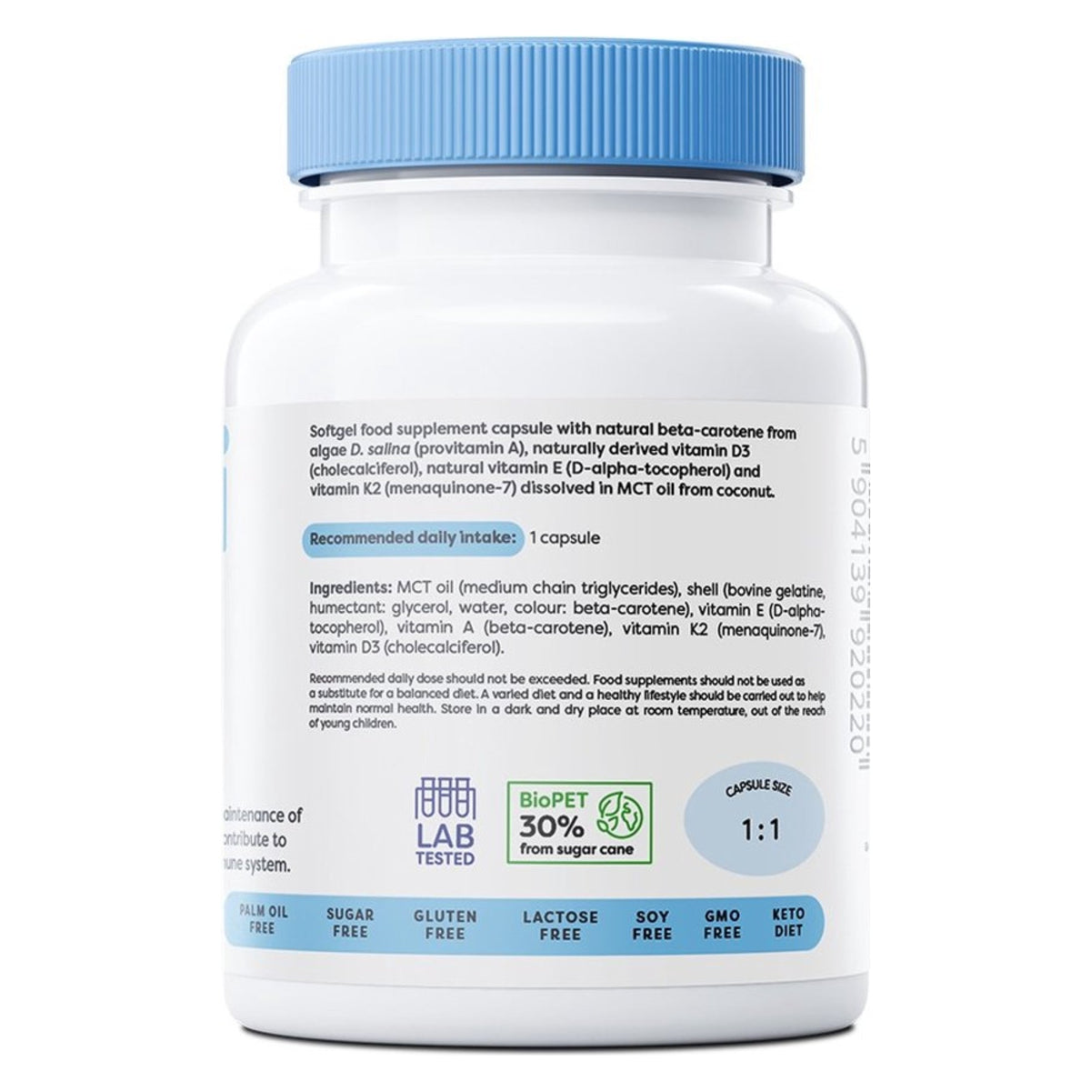 Dos de l'emballage Osavi Vitamines ADEK - ingrédients avec bêta-carotène, vitamine D3, E et K2 MK-7 dans de l'huile MCT