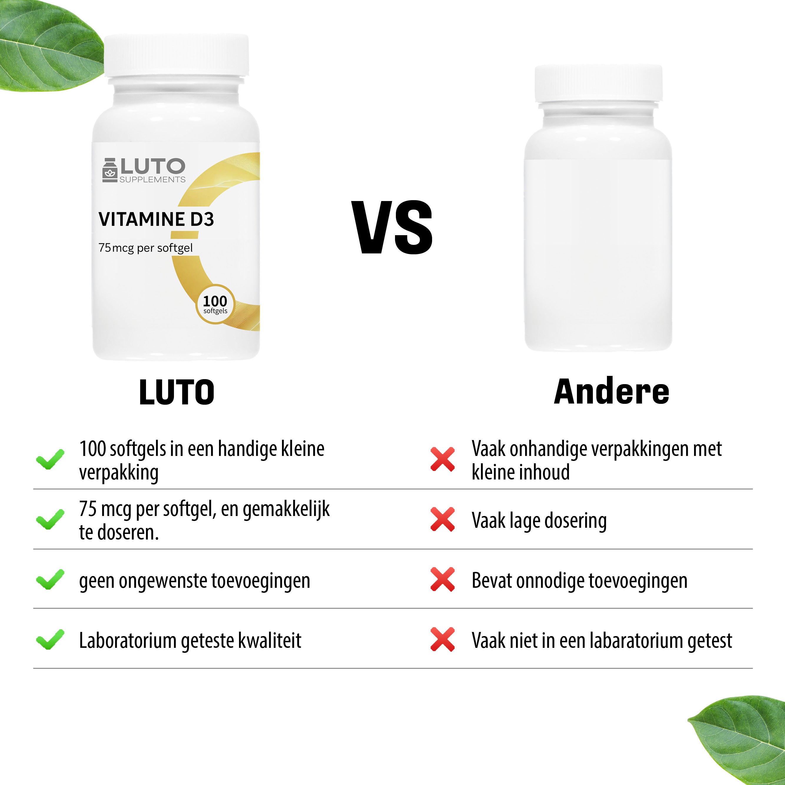 LUTO Vitamine D3 3000 UI comparaison - 100 capsules molles, 75 mcg par capsule molle, ingrédients naturels