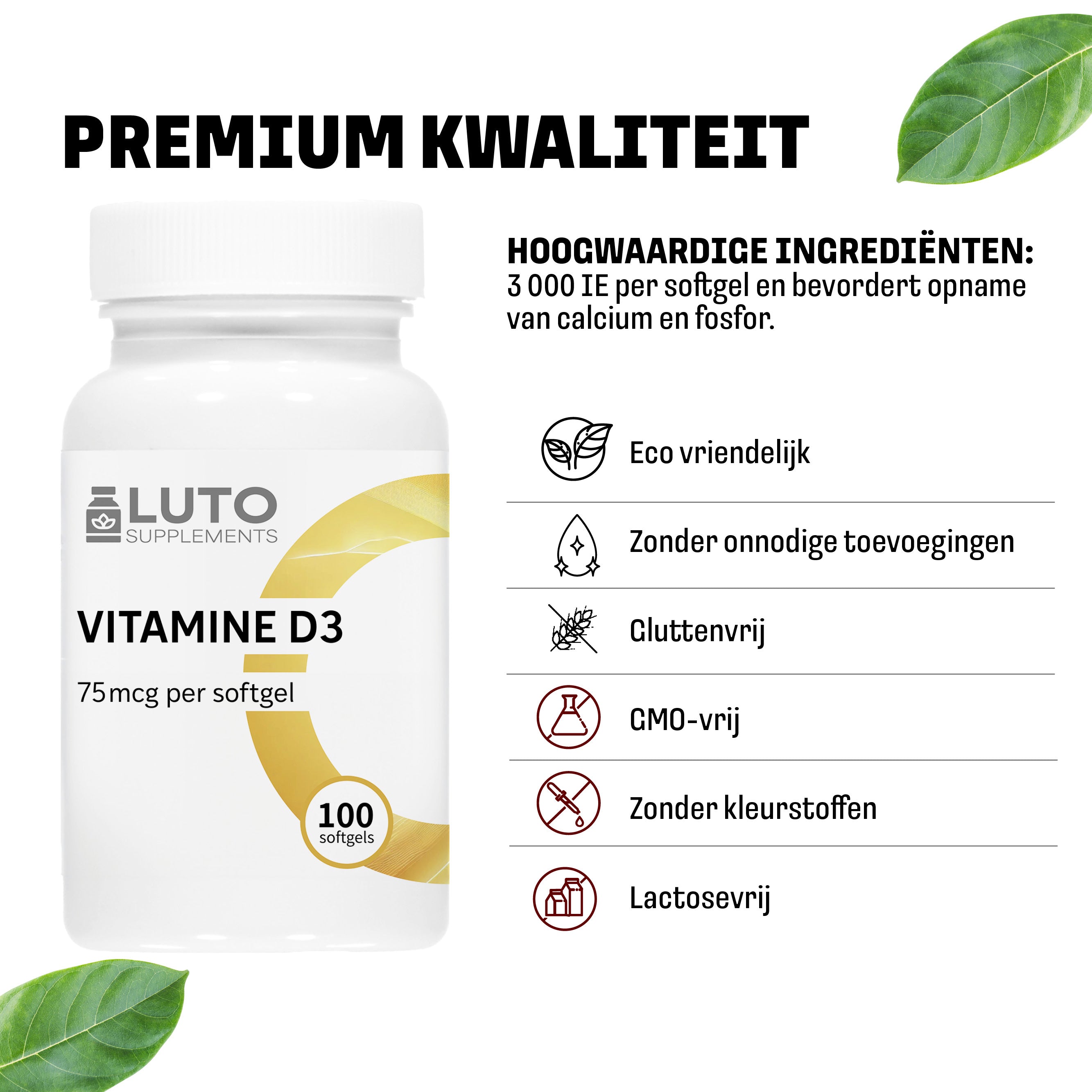 Qualité premium LUTO Vitamine D3 capsules molles - végétarien, sans conservateurs ni arômes artificiels