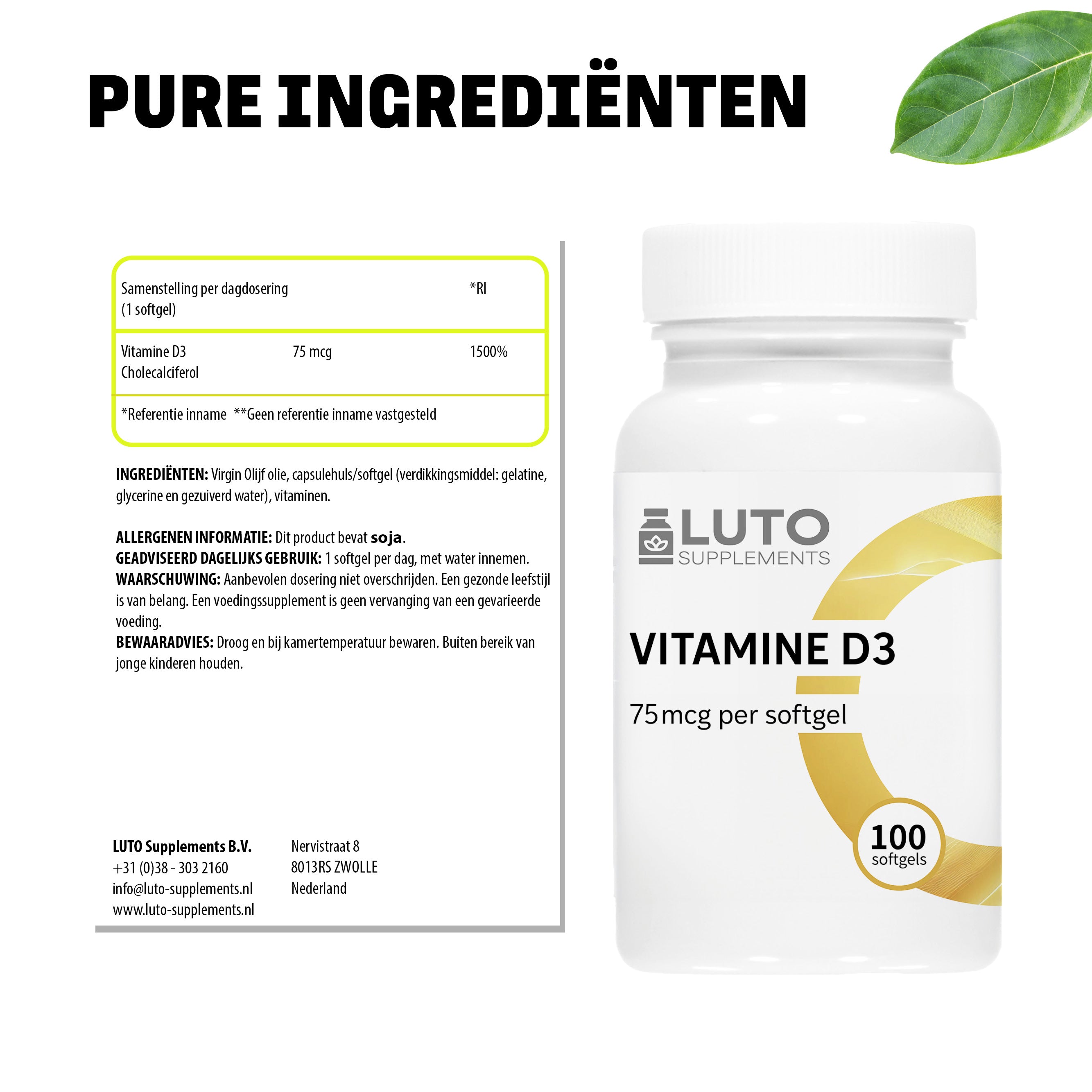 Ingrédients purs Vitamine D3 LUTO Supplements - 75 mcg 3000 UI cholécalciférol en capsules molles à l'huile d'olive