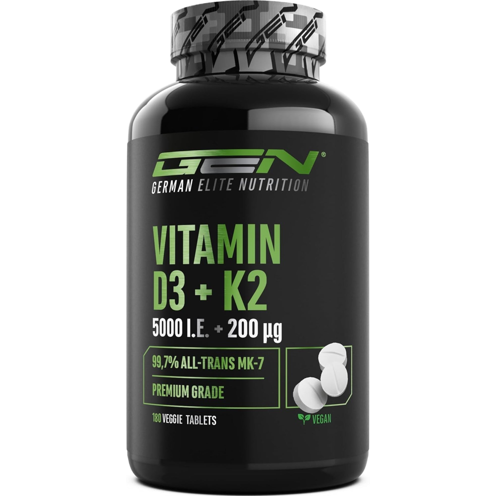 GEN German Elite Nutrition Vitamine D3 + K2 180 comprimés pot vue de face - 5000 UI + 200 µg, 99,7 % MK-7 tout-trans, qualité premium, végane