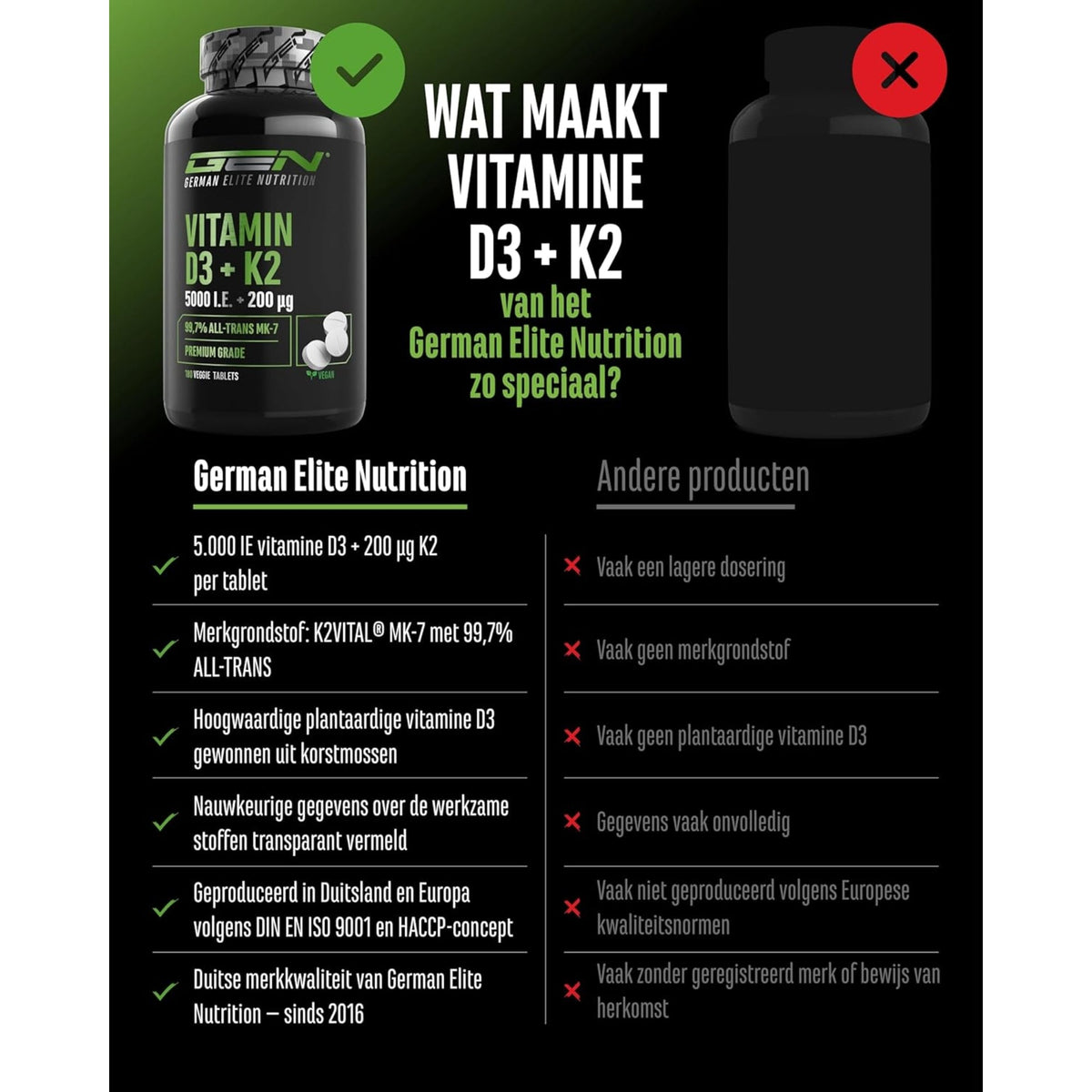 Comparaison GEN Vitamine D3 + K2 face à d'autres produits - dosage plus élevé, matière première de marque K2VITAL MK-7, D3 végétale, composition transparente, fabriqué selon les normes de l'UE