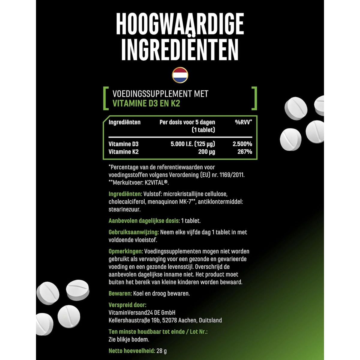 Tableau des valeurs nutritionnelles Vitamine D3 + K2 en néerlandais - 5000 UI de D3 et 200 µg de K2 par comprimé, liste complète des ingrédients et mode d'emploi