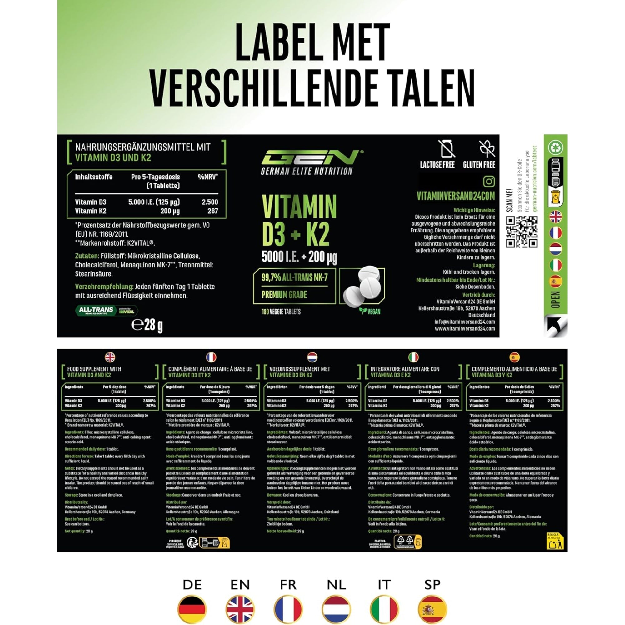 Étiquette produit Vitamine D3 + K2 dépliée en six langues : allemand, anglais, français, néerlandais, italien et espagnol