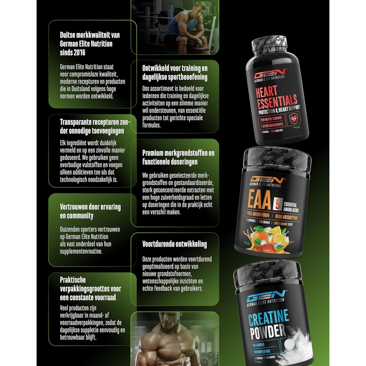 German Elite Nutrition informations sur la marque - qualité depuis 2016, formules transparentes sans additifs superflus, matières premières de marque premium et dosages fonctionnels
