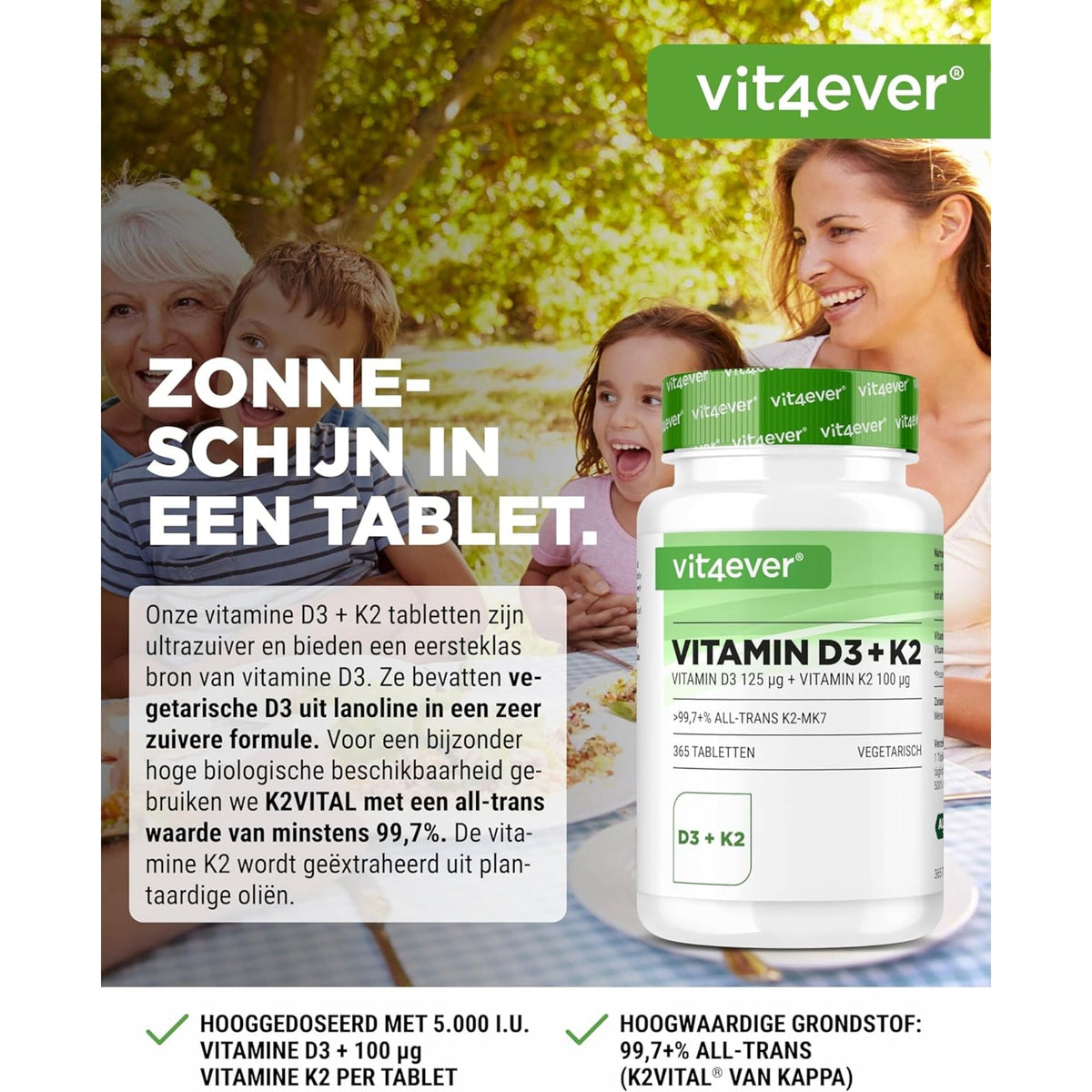 Vit4ever Vitamine D3 5000 UI + K2 100 mcg - complément alimentaire sans ajouts inutiles