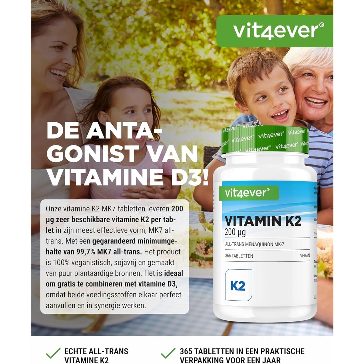Vit4ever Vitamine K2 MK-7 200 mcg - complément alimentaire sans ajouts inutiles