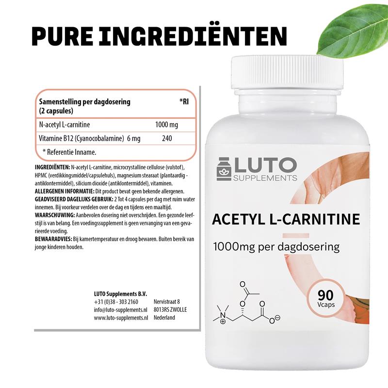 Composition des gélules LUTO Acétyl-L-carnitine - 1000 mg avec vitamine B12 par dose journalière