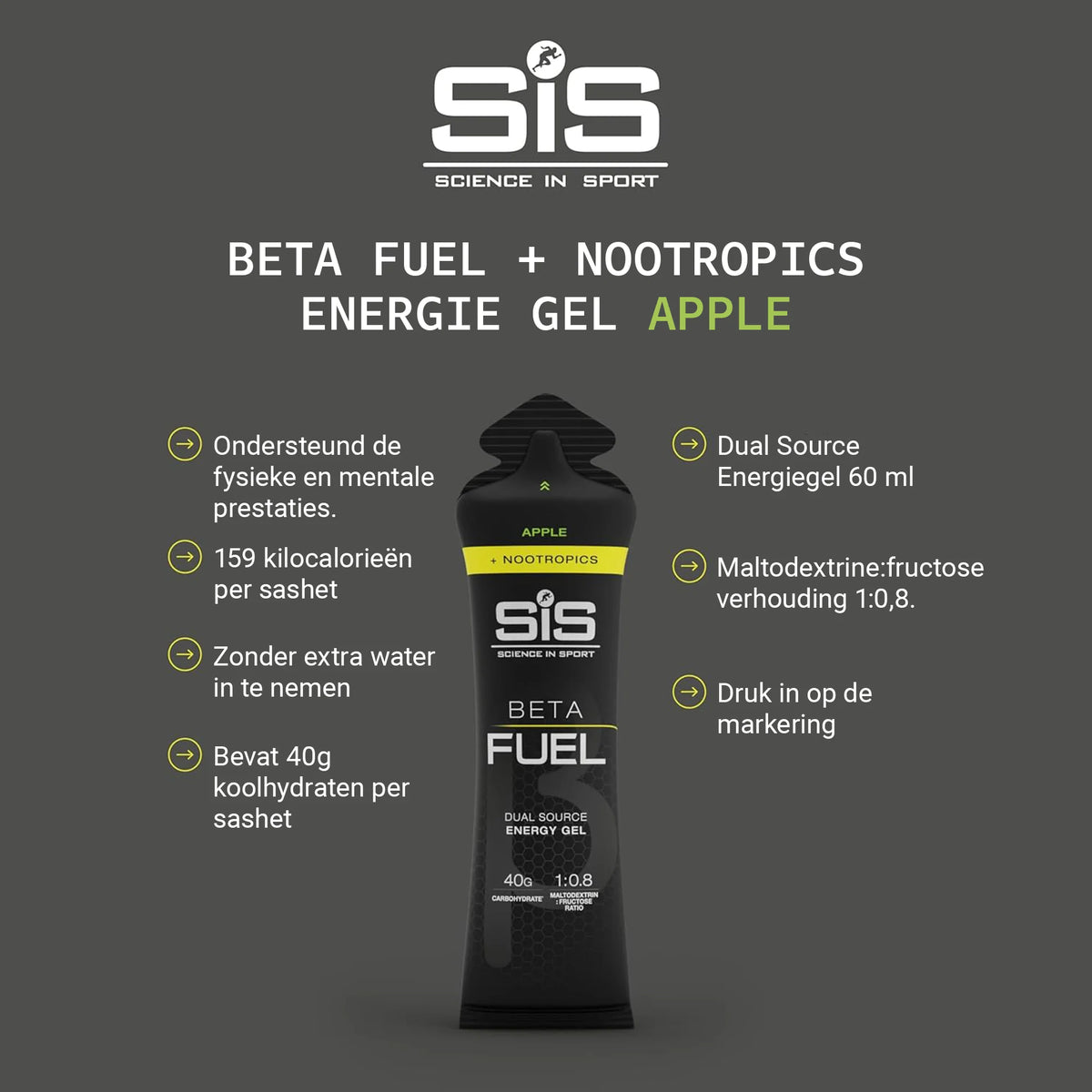 Vue détaillée du Science in Sport (SiS) Beta Fuel Dual Source Energy Gel + Nootropics saveur pomme.