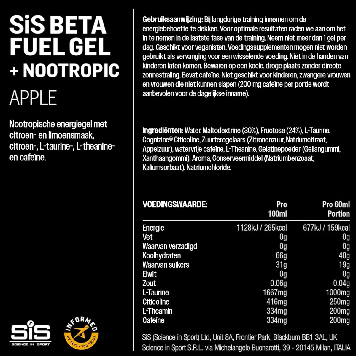 Arrière de l'emballage du SiS Beta Fuel Gel + Nootropics avec valeurs nutritionnelles, ingrédients et mode d'emploi.