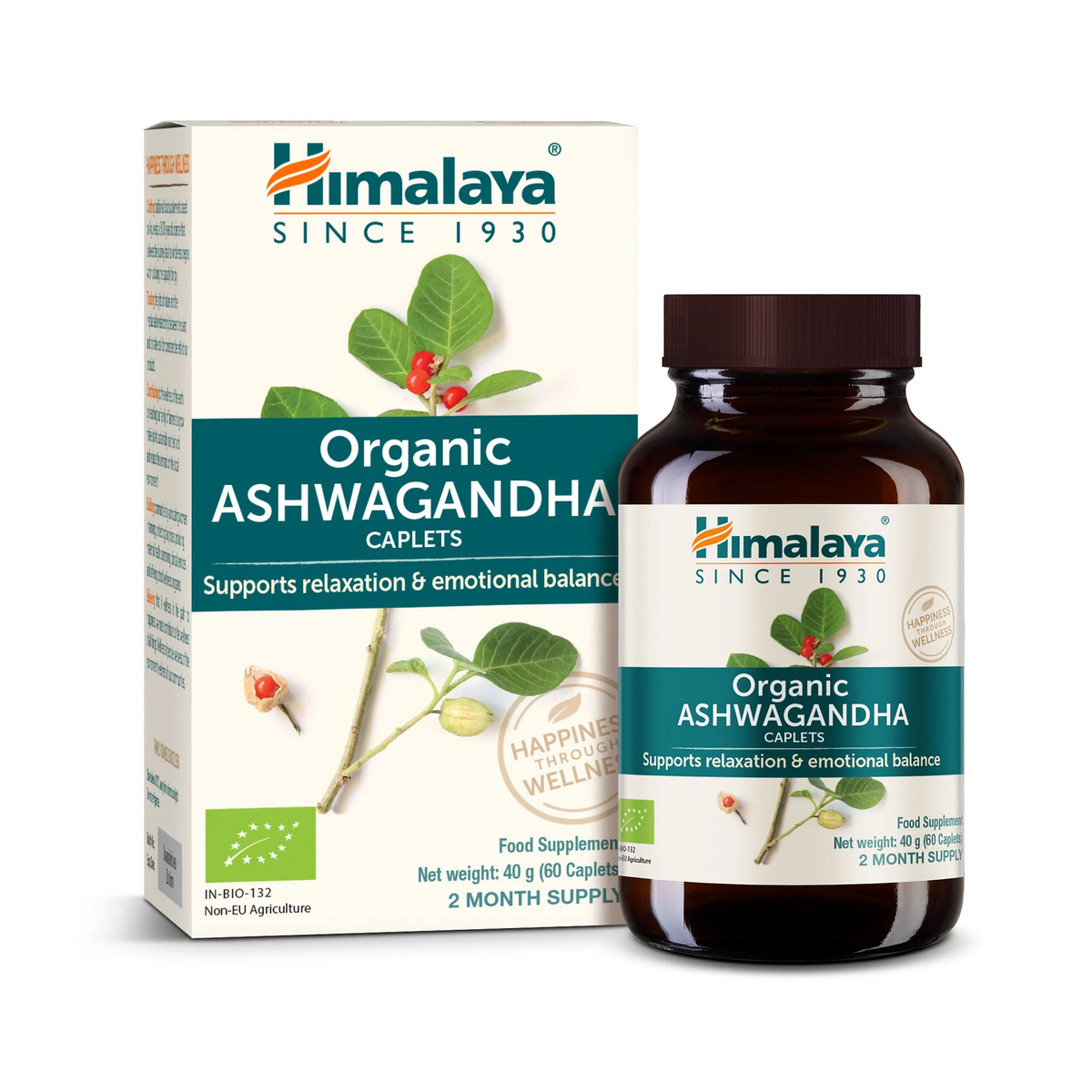 Himalaya Organic Ashwagandha boîte avec pot en verre, 60 caplets