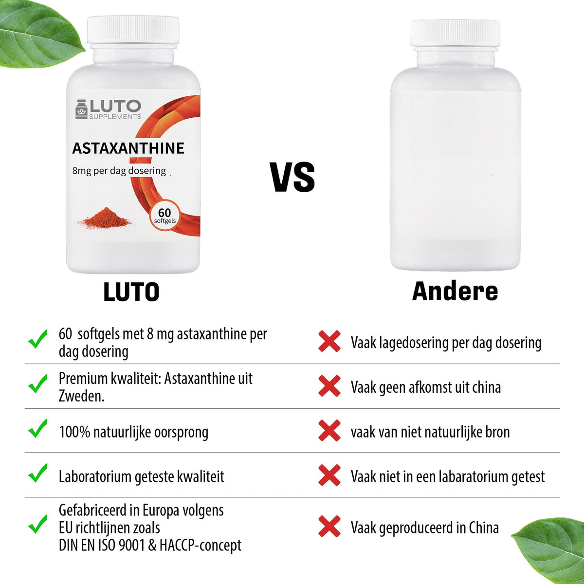 LUTO Astaxanthine comparaison - 8mg AstaReal issue des micro-algues Haematococcus pluvialis, ingrédients naturels