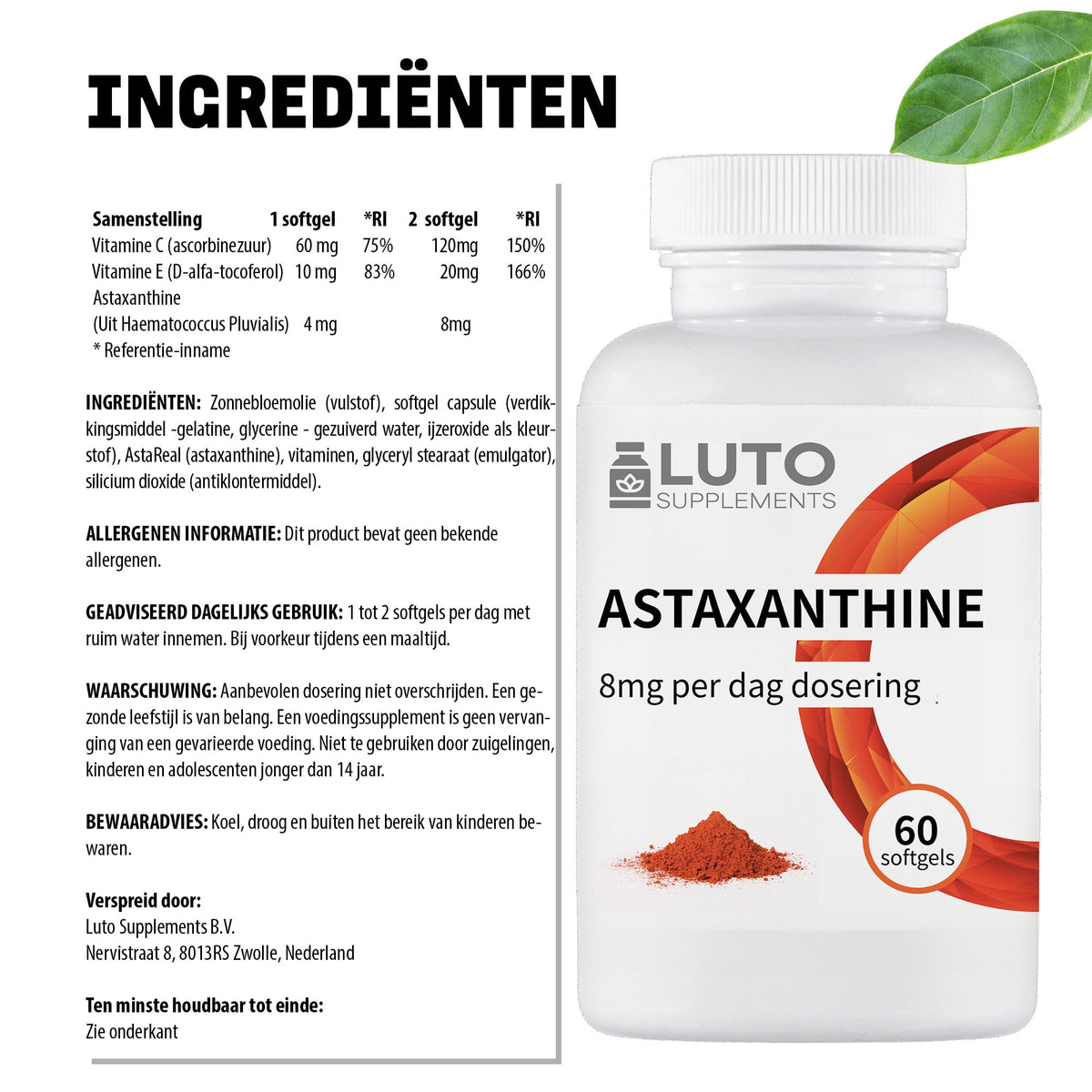 Ingrédients purs Astaxanthine LUTO - 8mg d'astaxanthine issue des micro-algues AstaReal complétée par vitamine E et vitamine C
