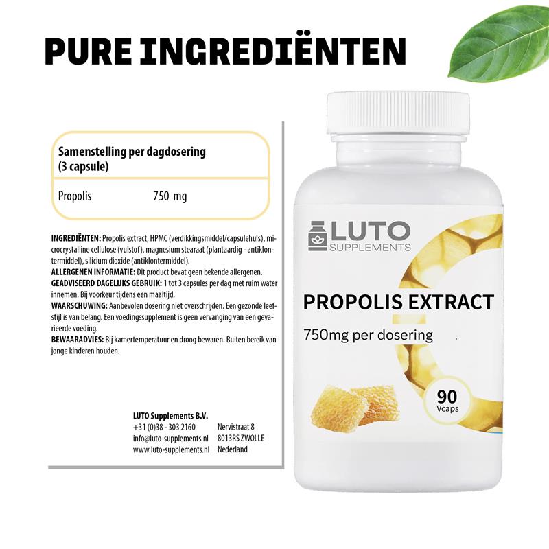 Composition des gélules d'Extrait de propolis LUTO - 750 mg de propolis purifiée par dose journalière
