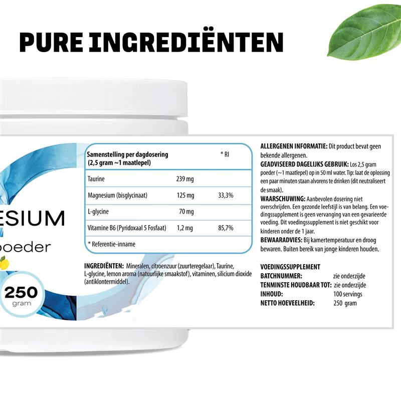 Ingrédients purs Magnésium Glycinate en poudre LUTO - magnésium bisglycinate, L-carnitine et vitamine B6