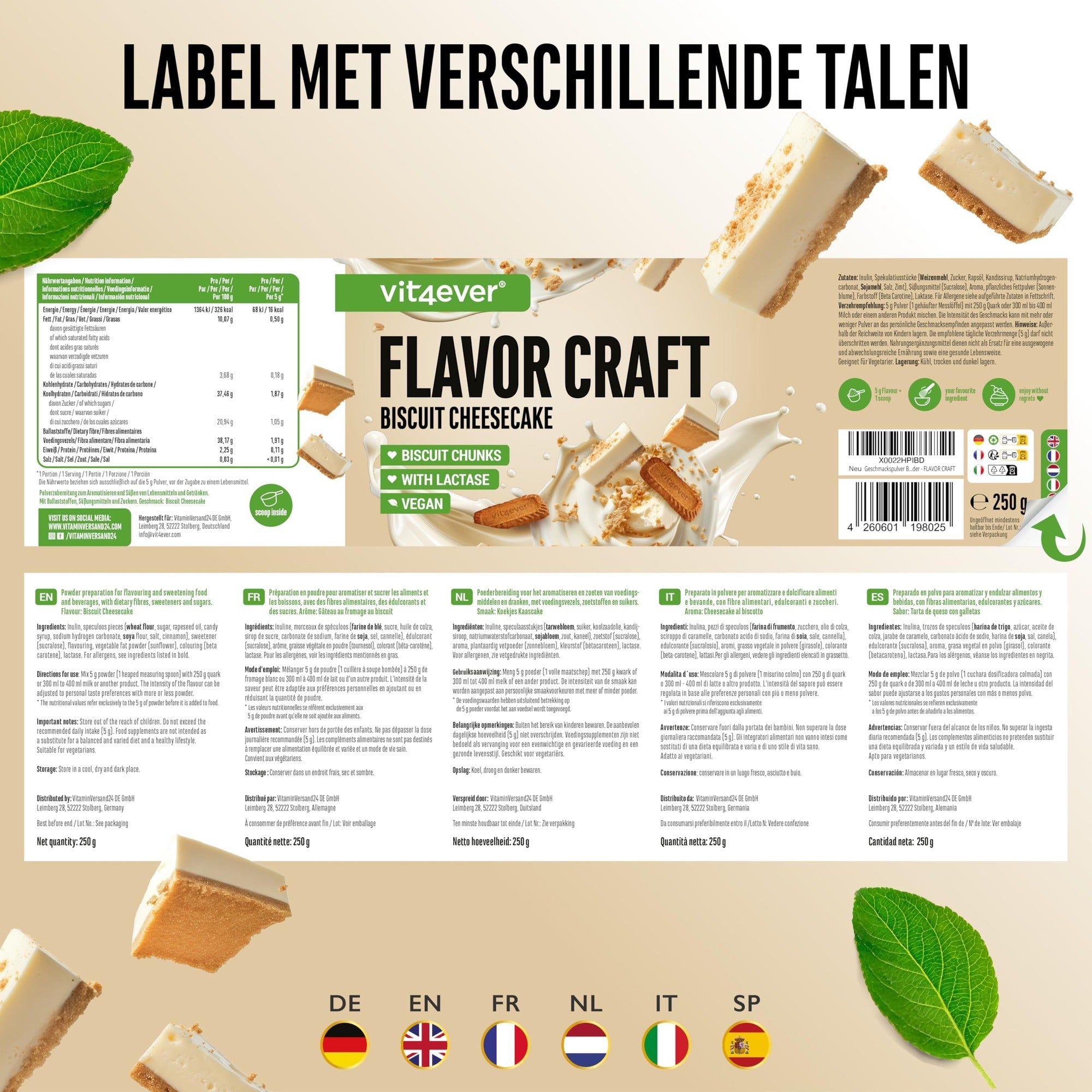 Étiquette et ingrédients Vit4ever Flavor Craft Poudre aromatisante Biscuit cheesecake 250 g