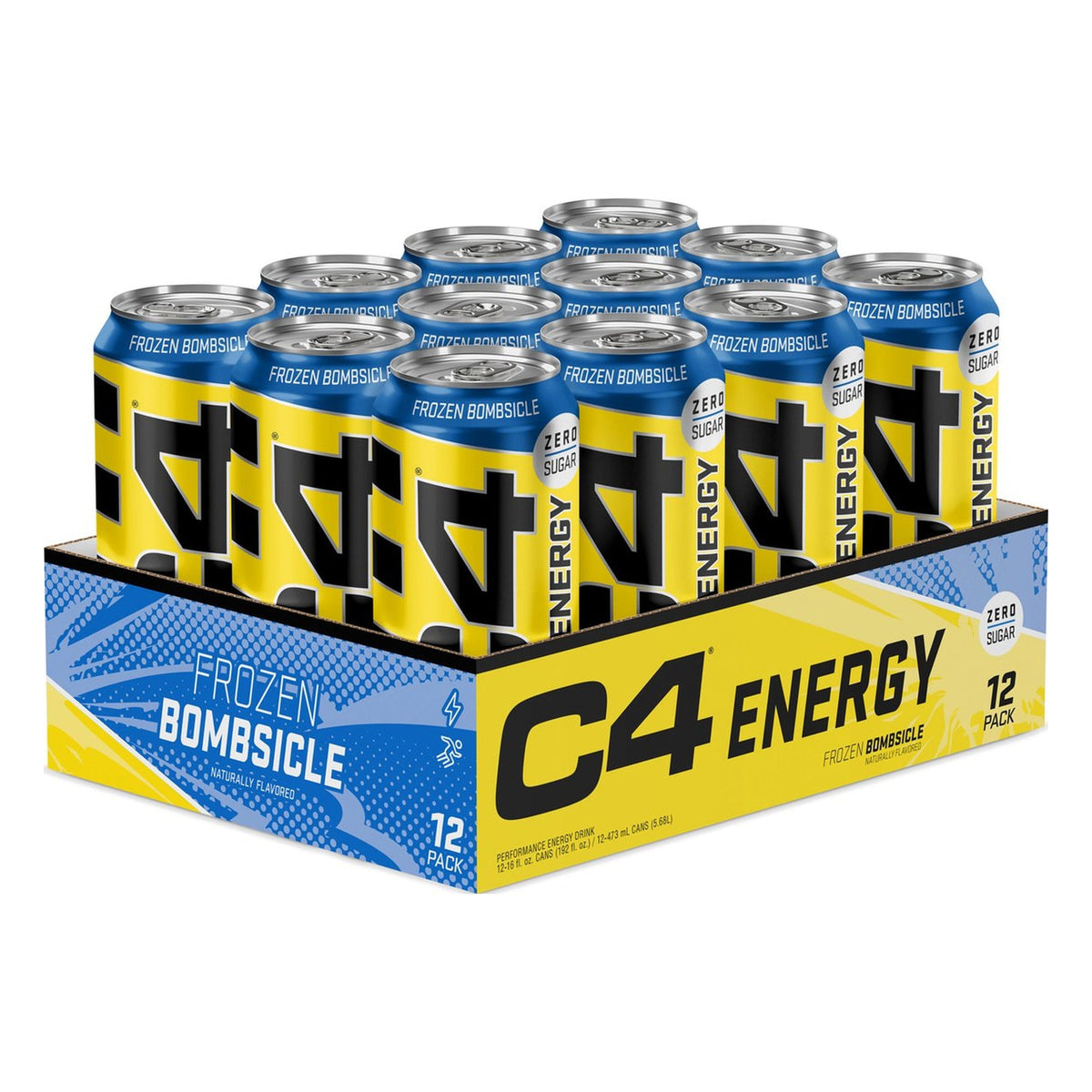 Pack de 12 canettes de boisson pré-entraînement Cellucor C4 Original Carbonated saveur Frozen Bombsicle, canettes jaune et bleu de 500 ml, sans sucre