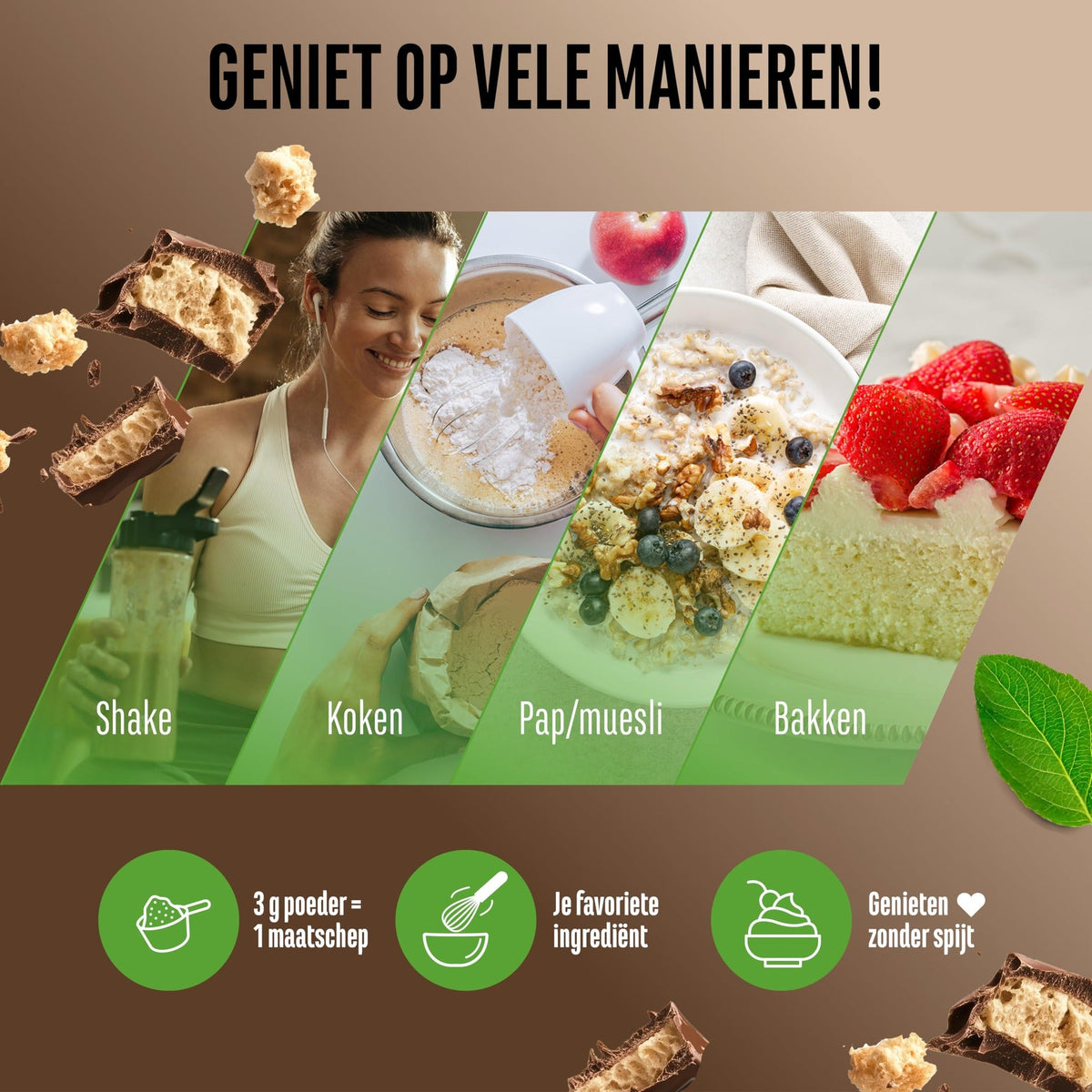 Poudre aromatisante Pause chocolat Vit4ever Flavor Craft dans shake, fromage blanc, flocons d'avoine et pâtisseries