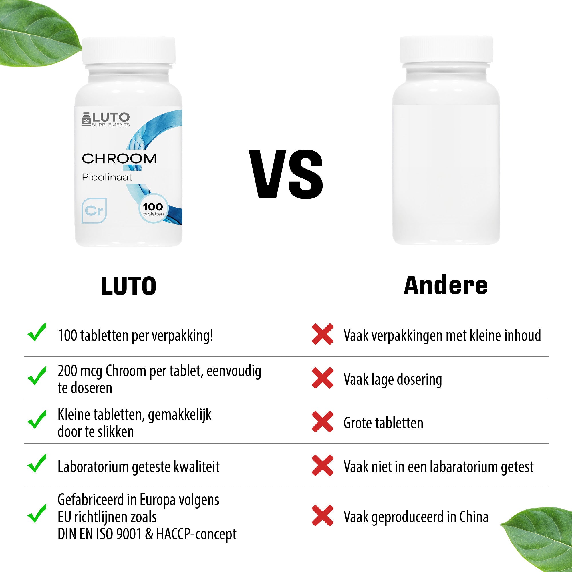 LUTO Picolinate de Chrome comparaison - 200 µg par comprimé, vegan, sans gluten, sans lactose, non-OGM