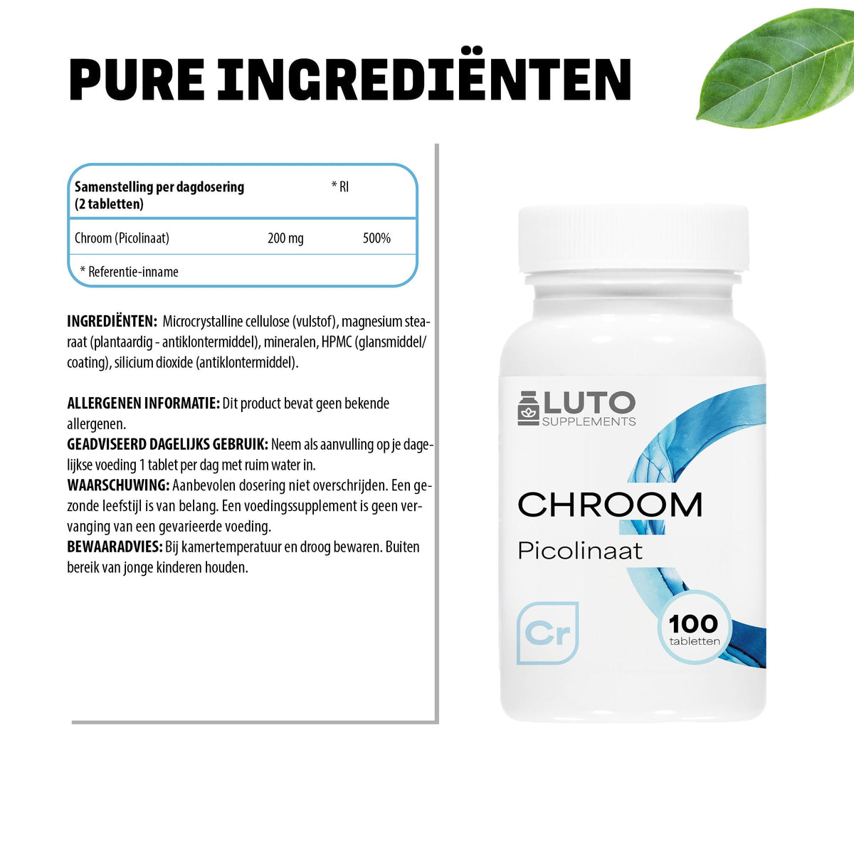 Ingrédients purs Picolinate de Chrome LUTO - 200 µg de picolinate de chrome par comprimé sans additifs inutiles
