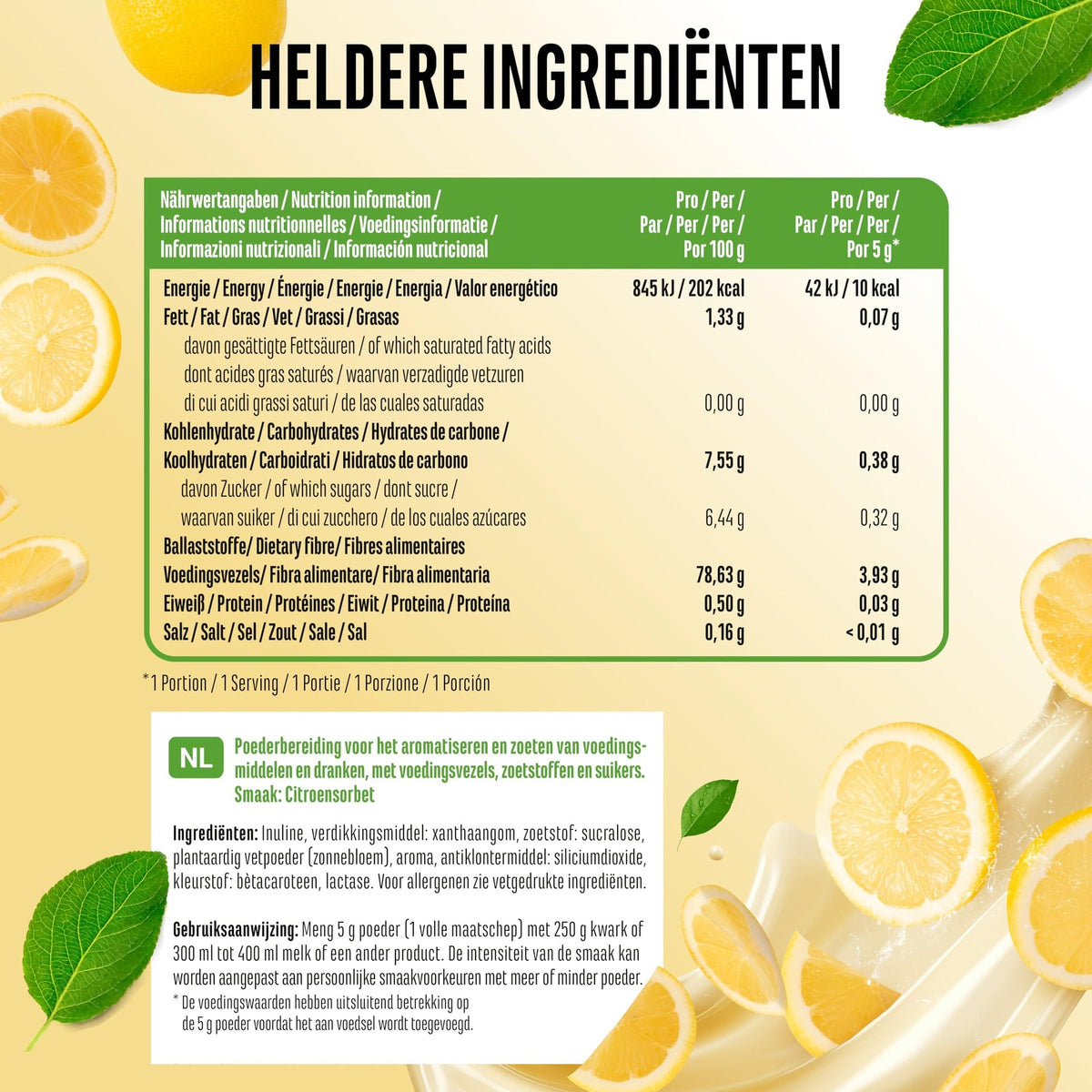 Valeurs nutritionnelles et ingrédients Vit4ever Flavor Craft Poudre aromatisante Citron sorbet 250 g