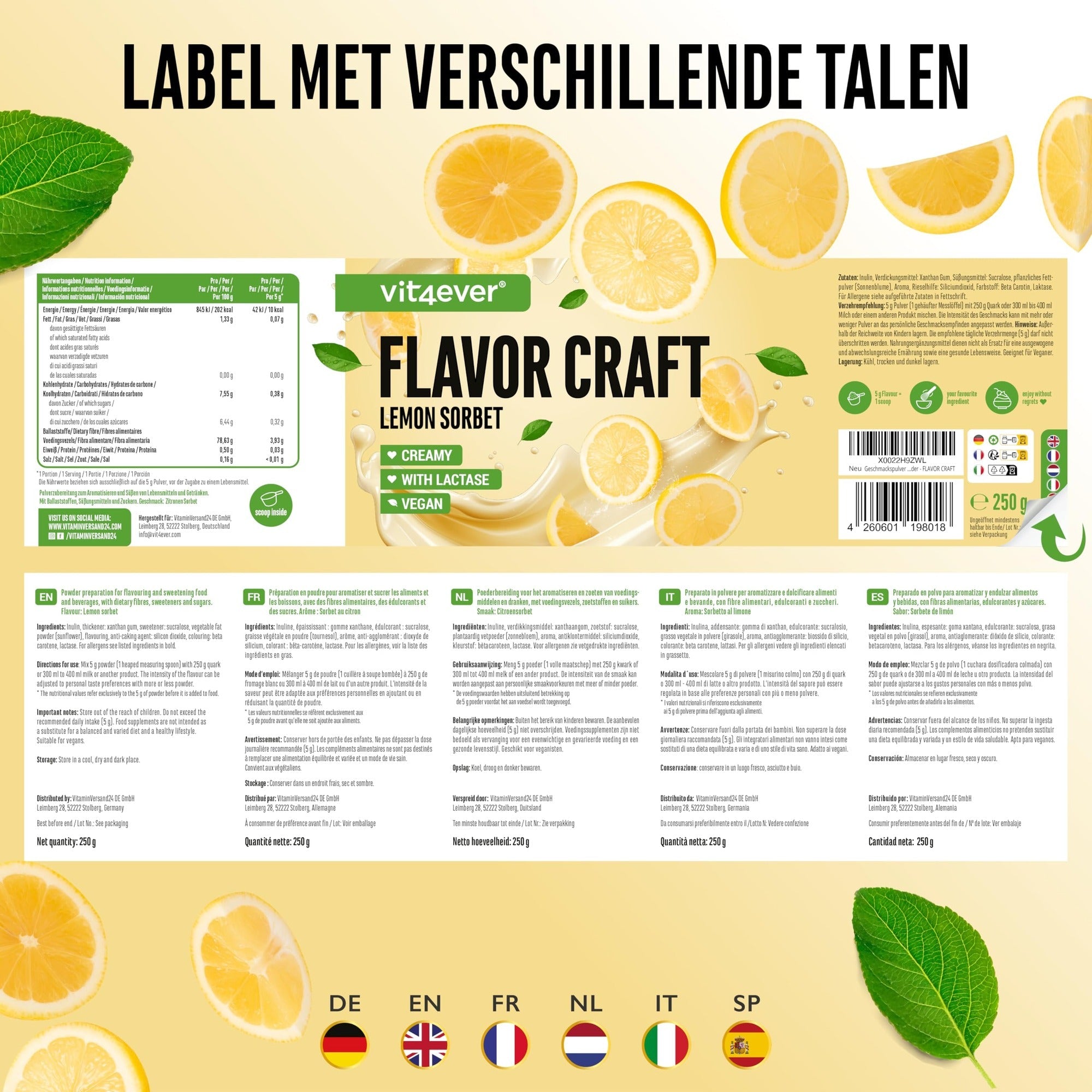 Poudre aromatisante Citron sorbet Vit4ever Flavor Craft pour sucrer aliments et boissons