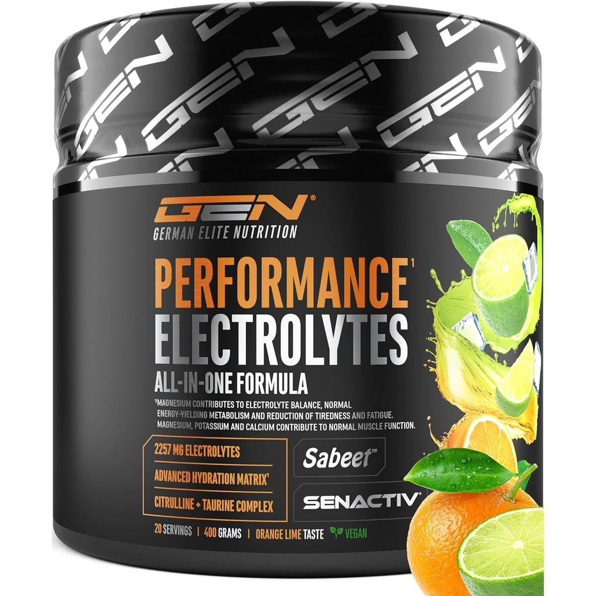 GEN Performance Electrolytes orange-citron vert 400 grammes pot vue de face