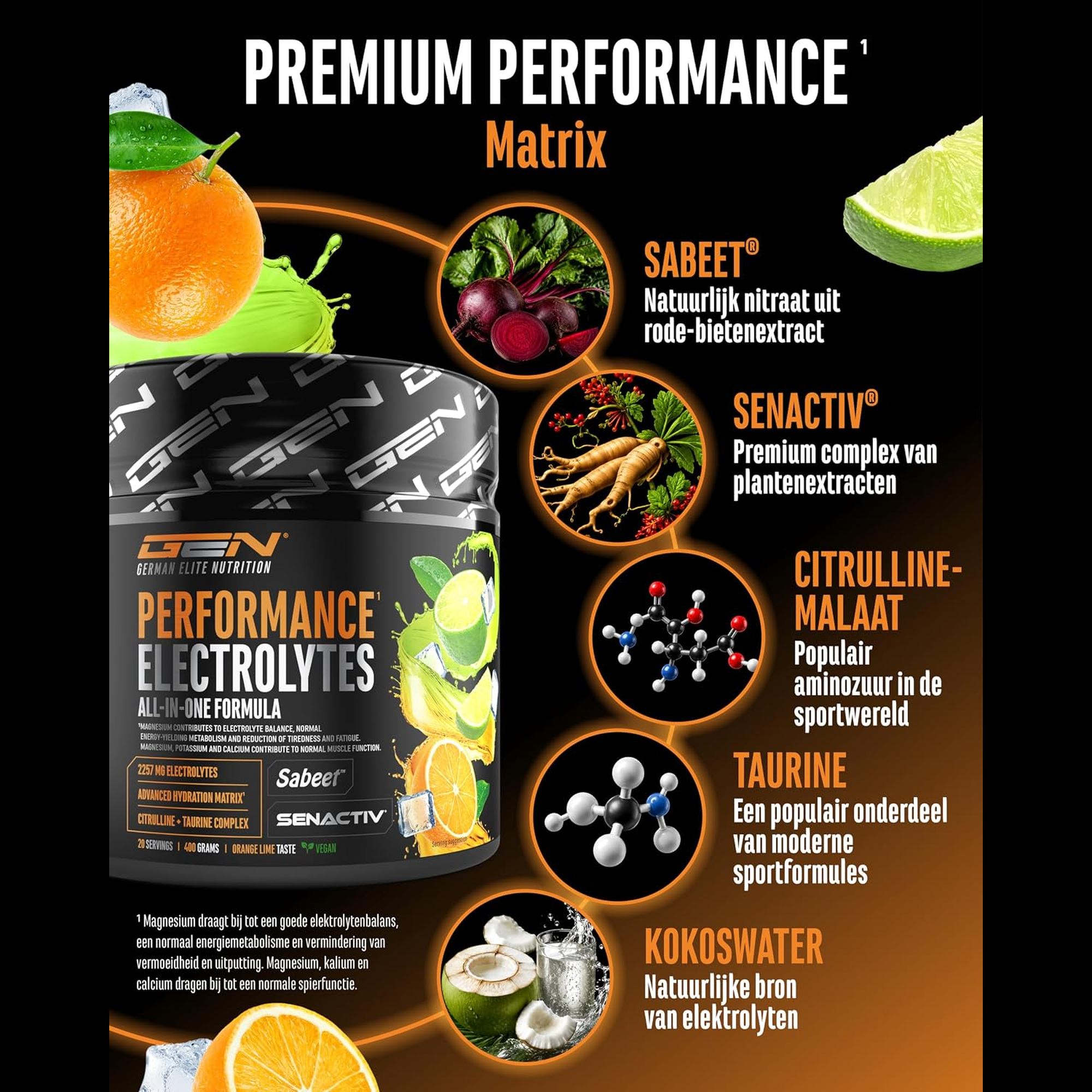 Performance Electrolytes matrice premium avec Sabeet Senactiv citrulline taurine et eau de coco