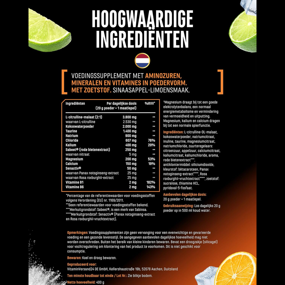 Performance Electrolytes ingrédients et valeurs nutritionnelles par portion