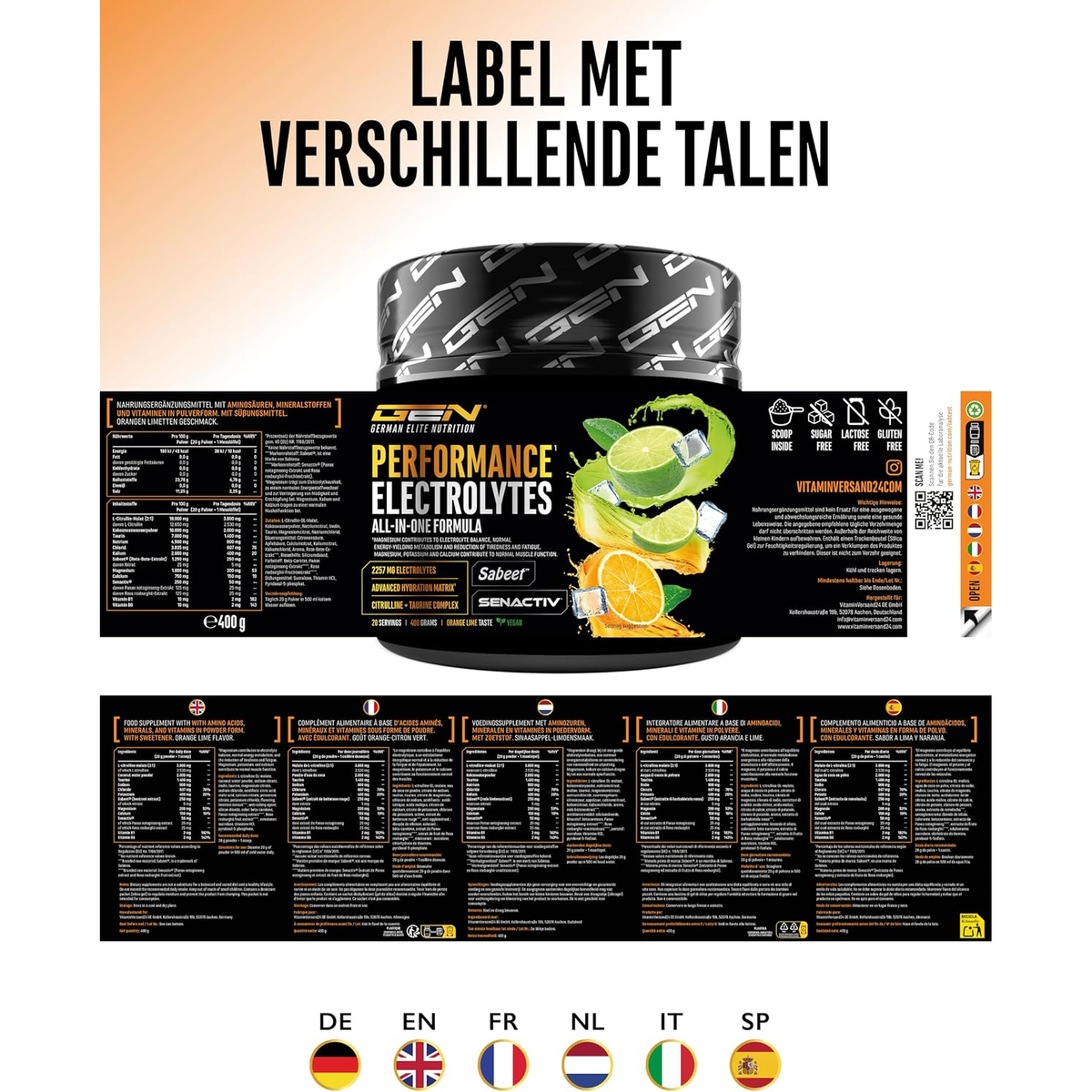 Performance Electrolytes étiquette en plusieurs langues