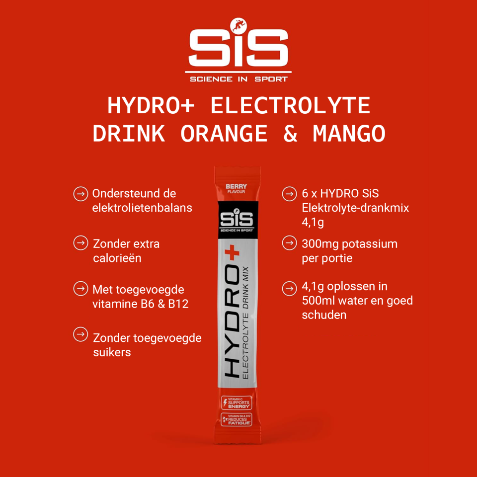 SiS Hydro+ Drink Mix Fruits Rouges infographie des avantages produit - sans sucres, avec vitamines B6 et B12